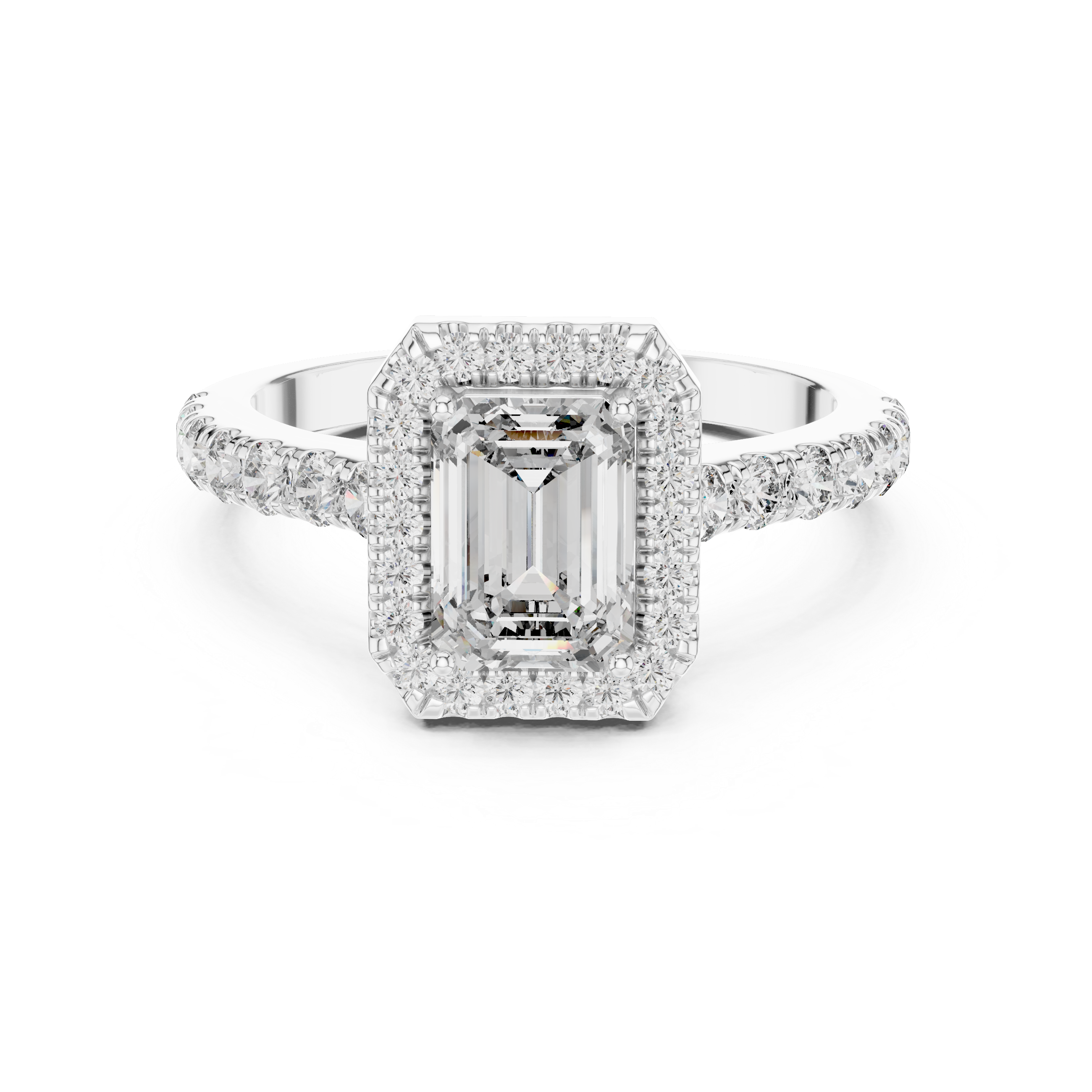 Emerald-Cut Halo Engagement Ring with Pave Band