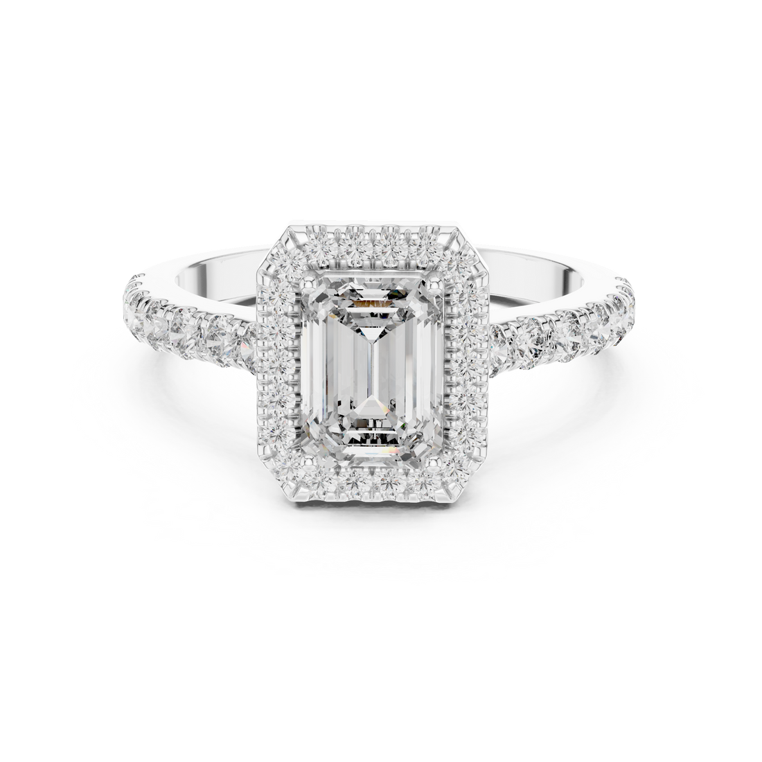 Emerald-Cut Halo Engagement Ring with Pave Band