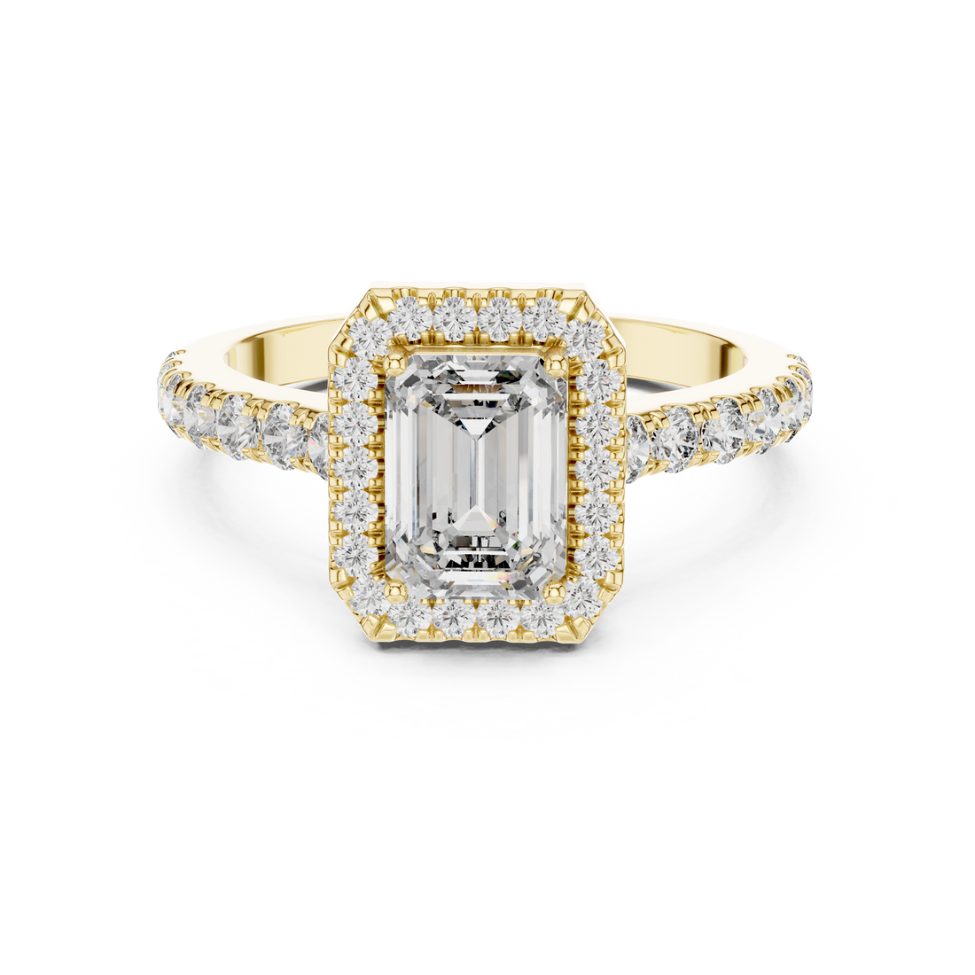 Emerald-Cut Halo Engagement Ring with Pave Band