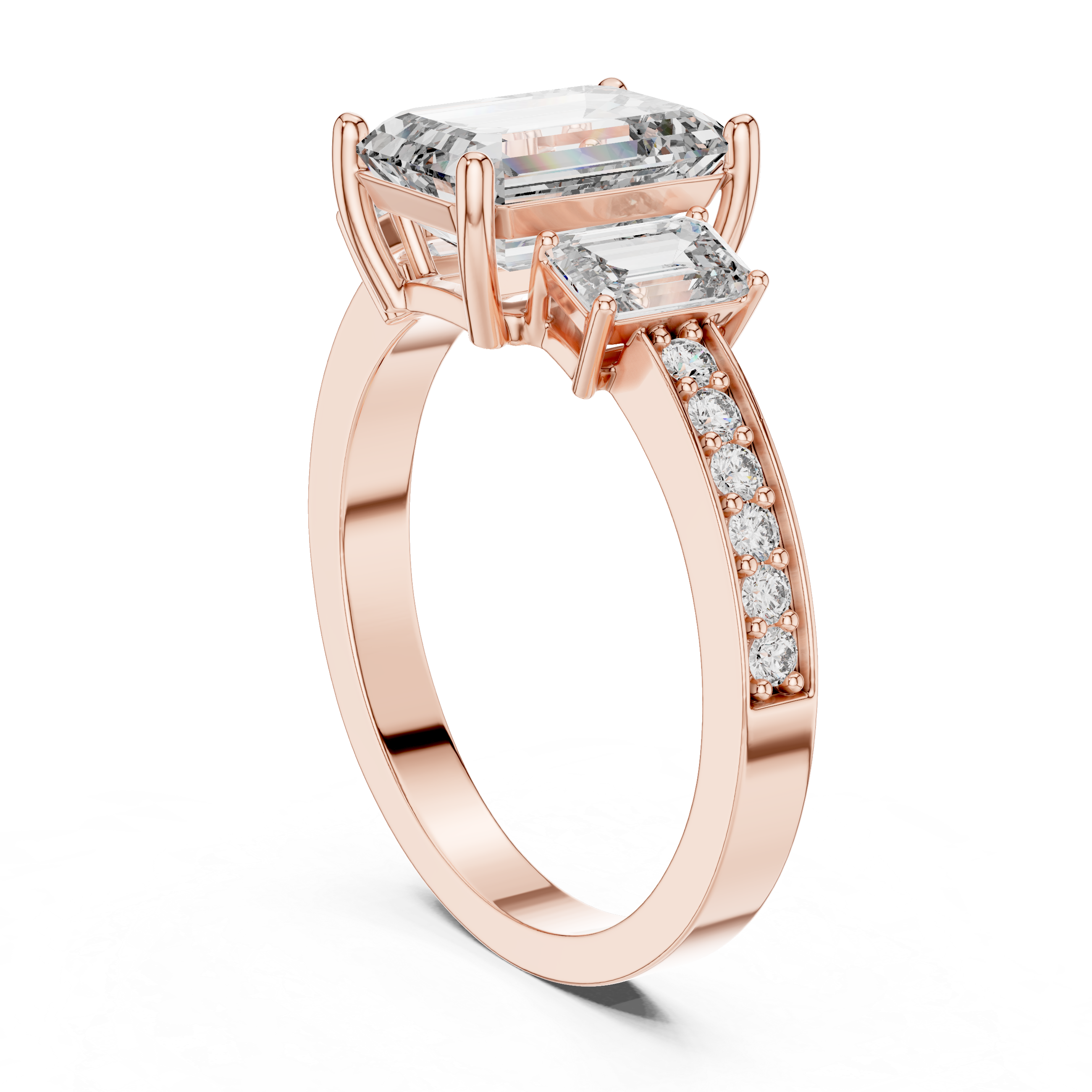 Emerald-Cut Three-Stone Ring with Pave Shank