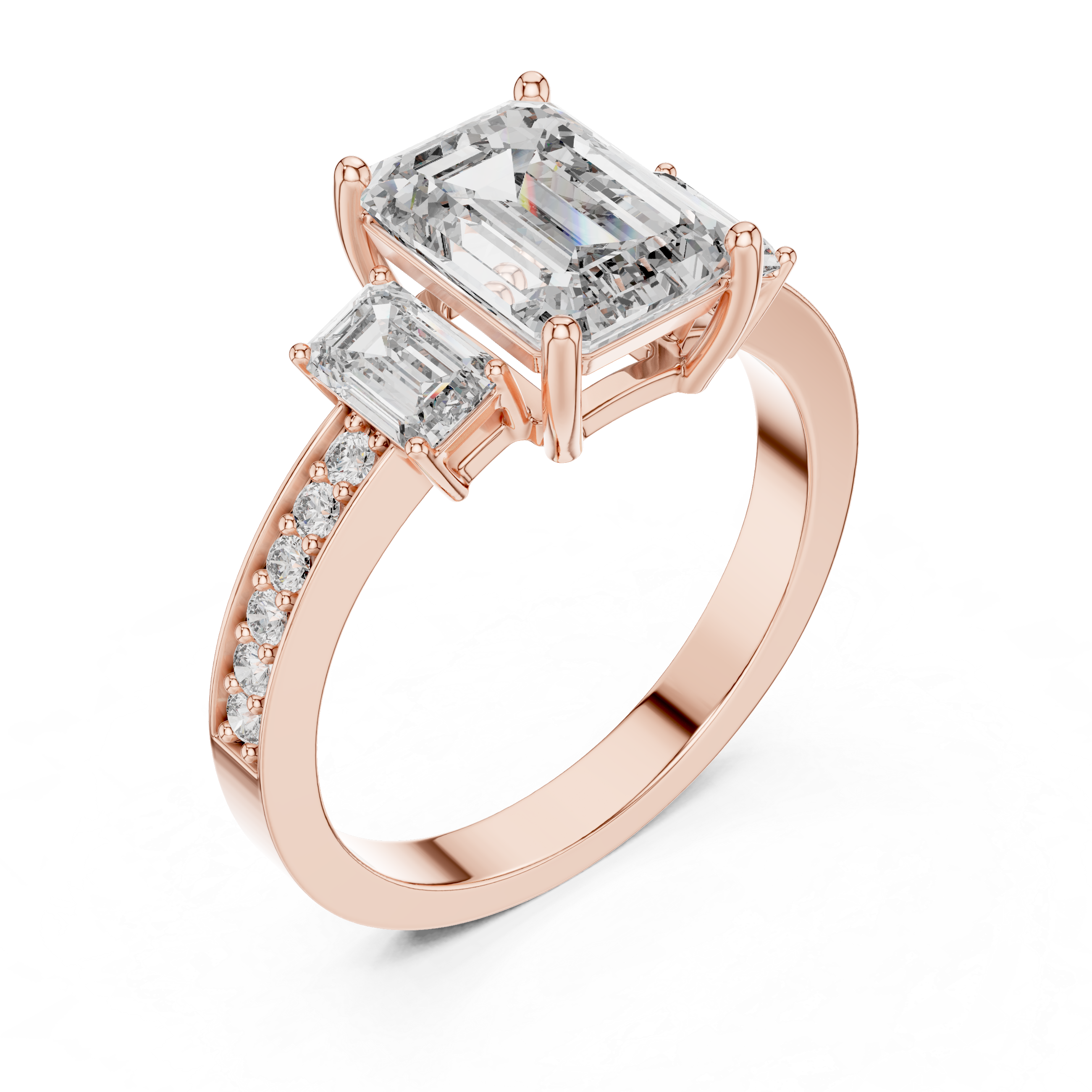 Emerald-Cut Three-Stone Ring with Pave Shank