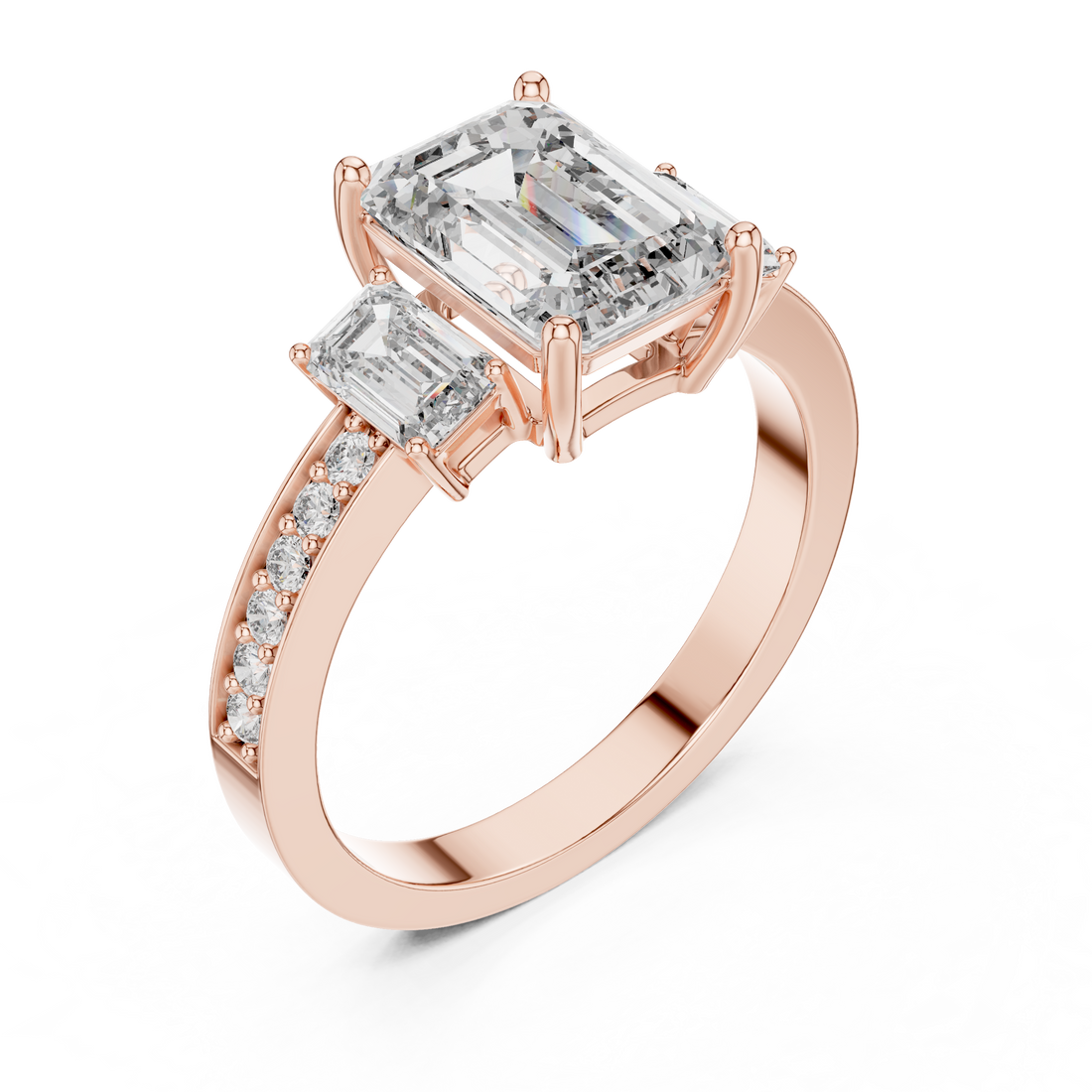 Emerald-Cut Three-Stone Ring with Pave Shank