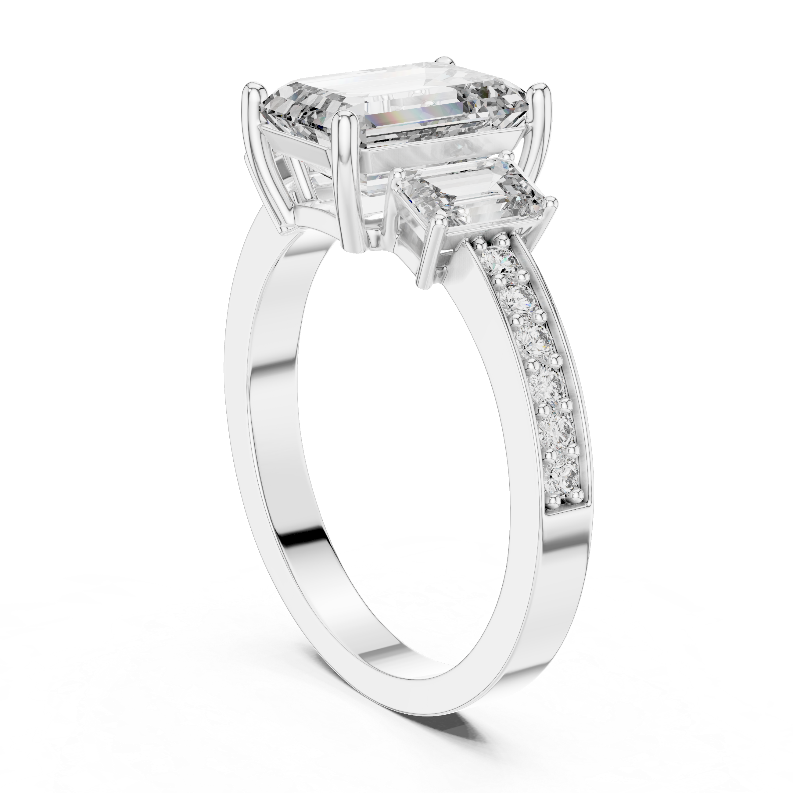 Emerald-Cut Three-Stone Ring with Pave Shank
