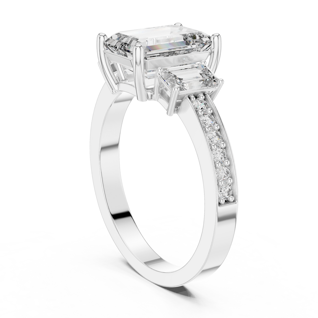 Emerald-Cut Three-Stone Ring with Pave Shank