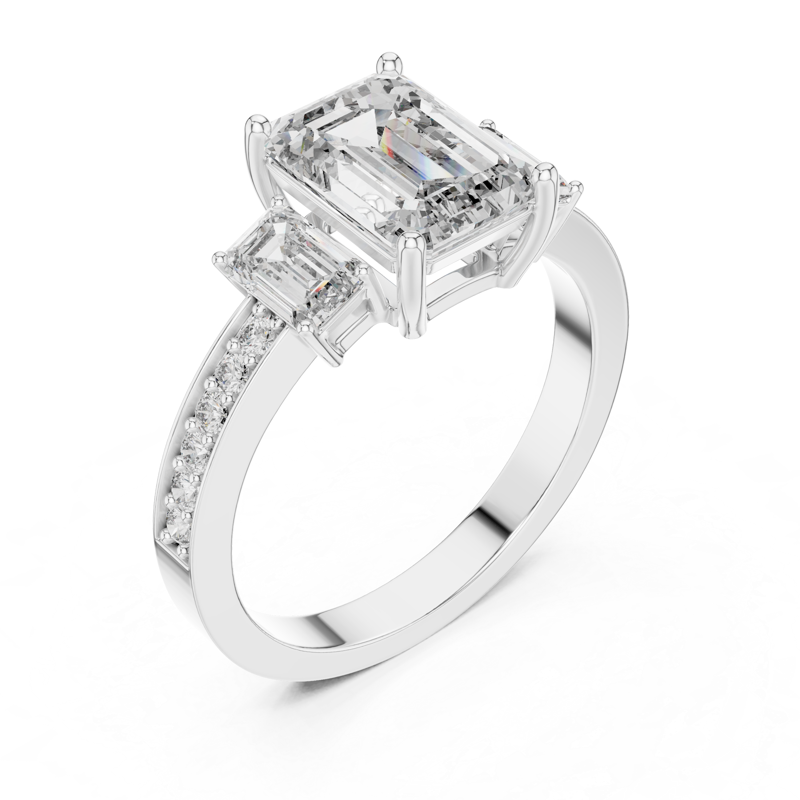 Emerald-Cut Three-Stone Ring with Pave Shank
