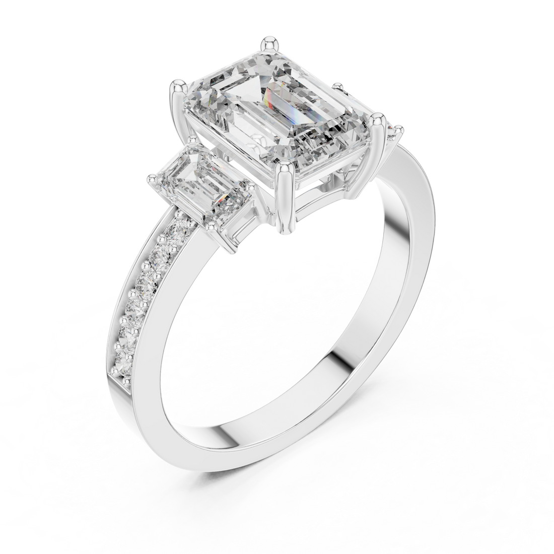 Emerald-Cut Three-Stone Ring with Pave Shank