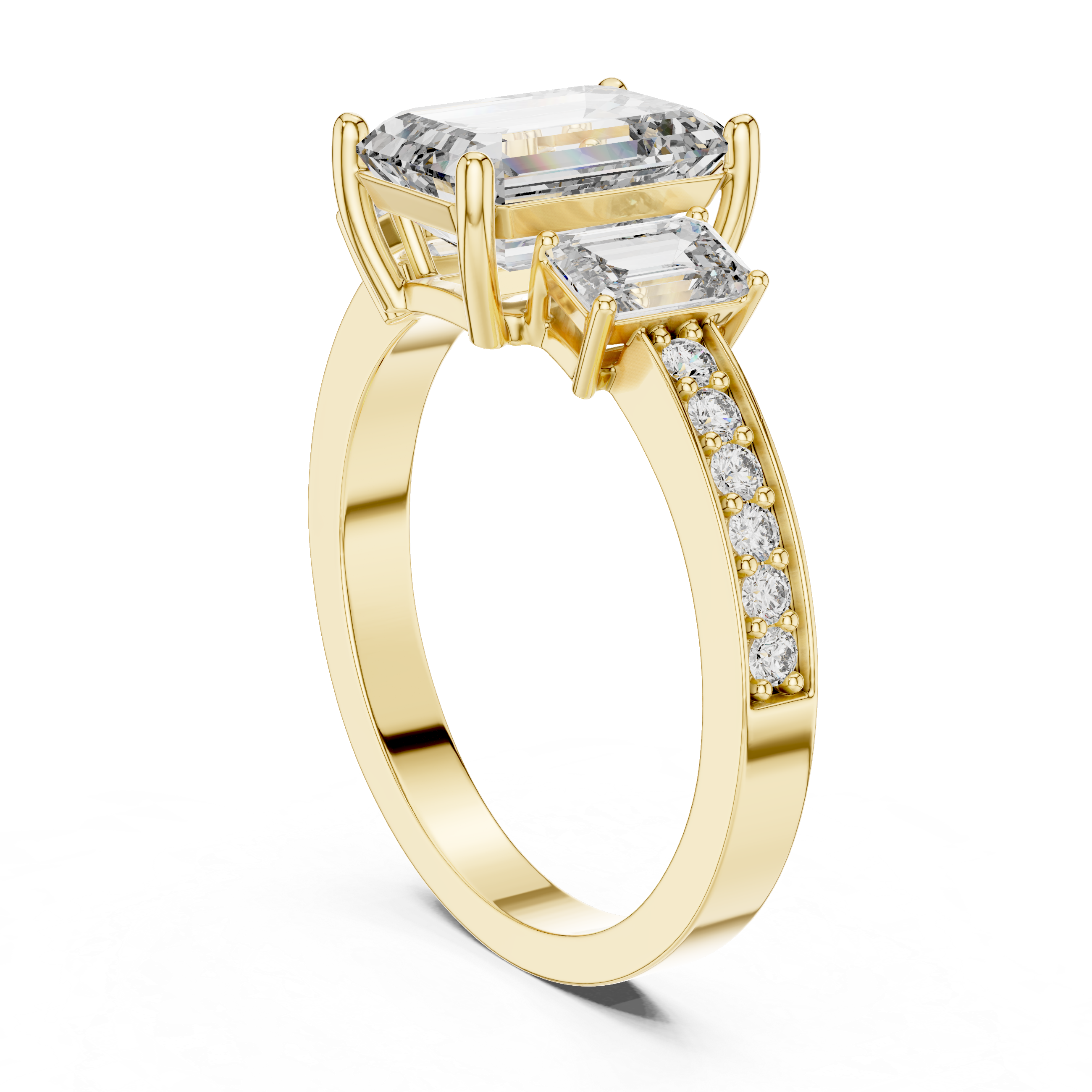 Emerald-Cut Three-Stone Ring with Pave Shank