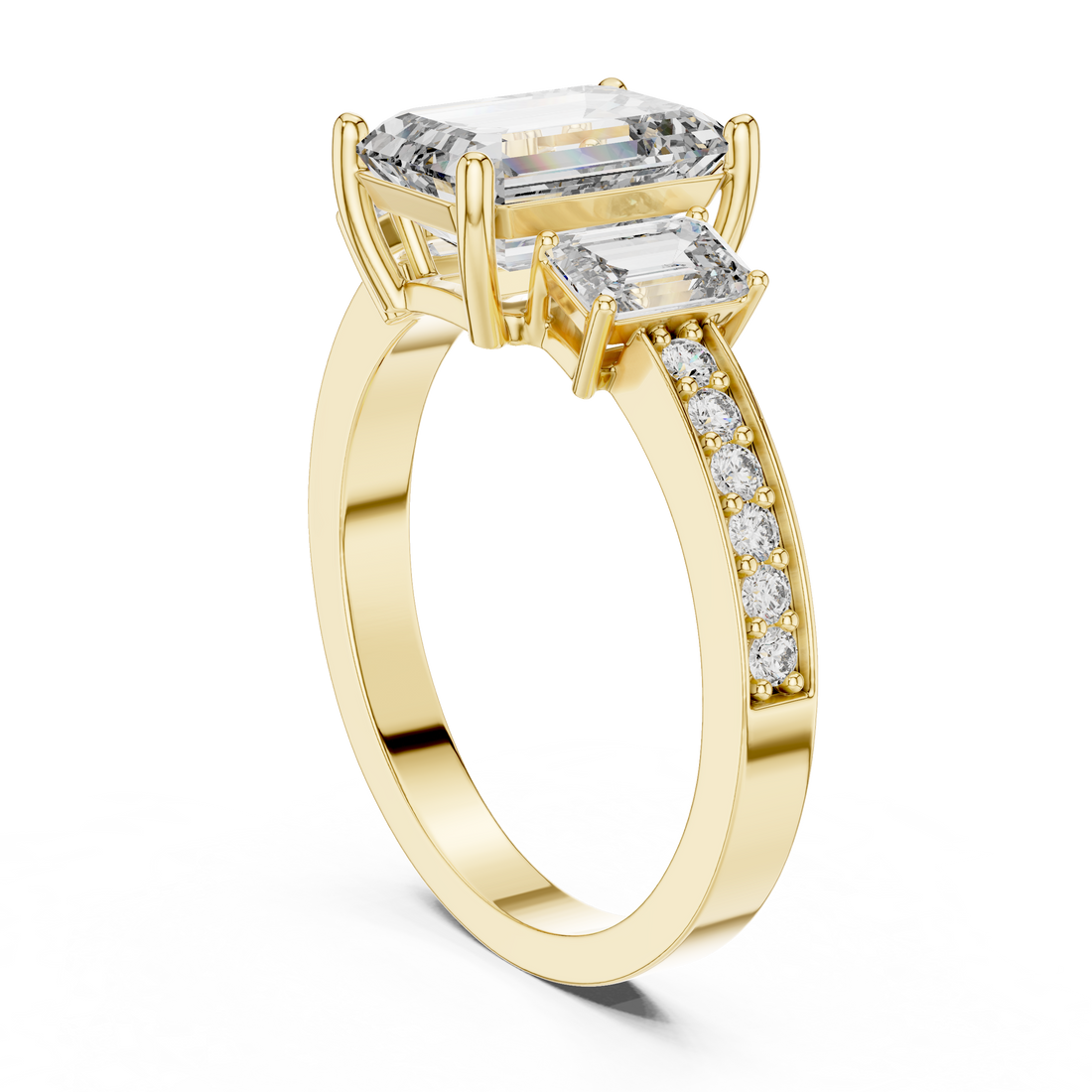 Emerald-Cut Three-Stone Ring with Pave Shank