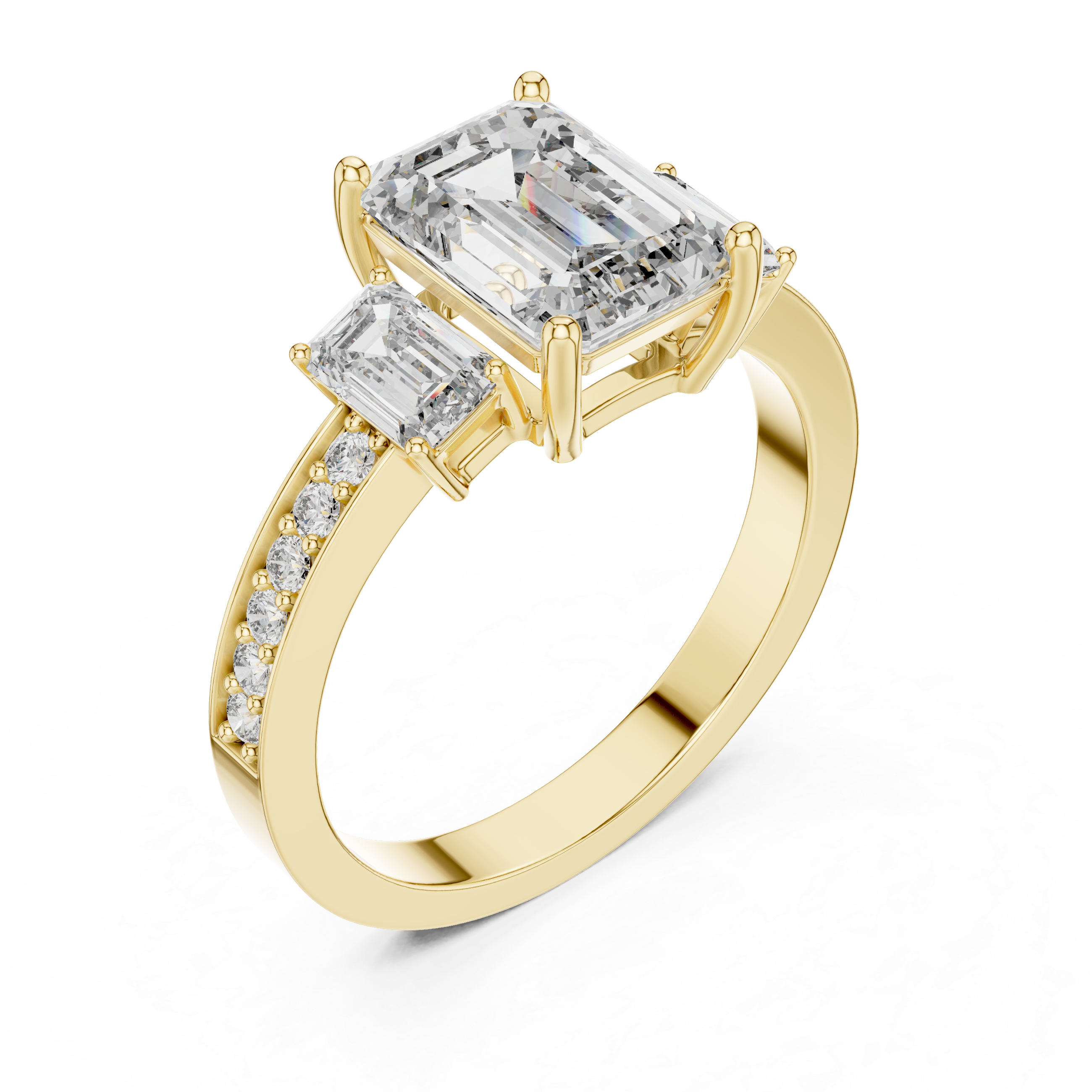 Emerald-Cut Three-Stone Ring with Pave Shank