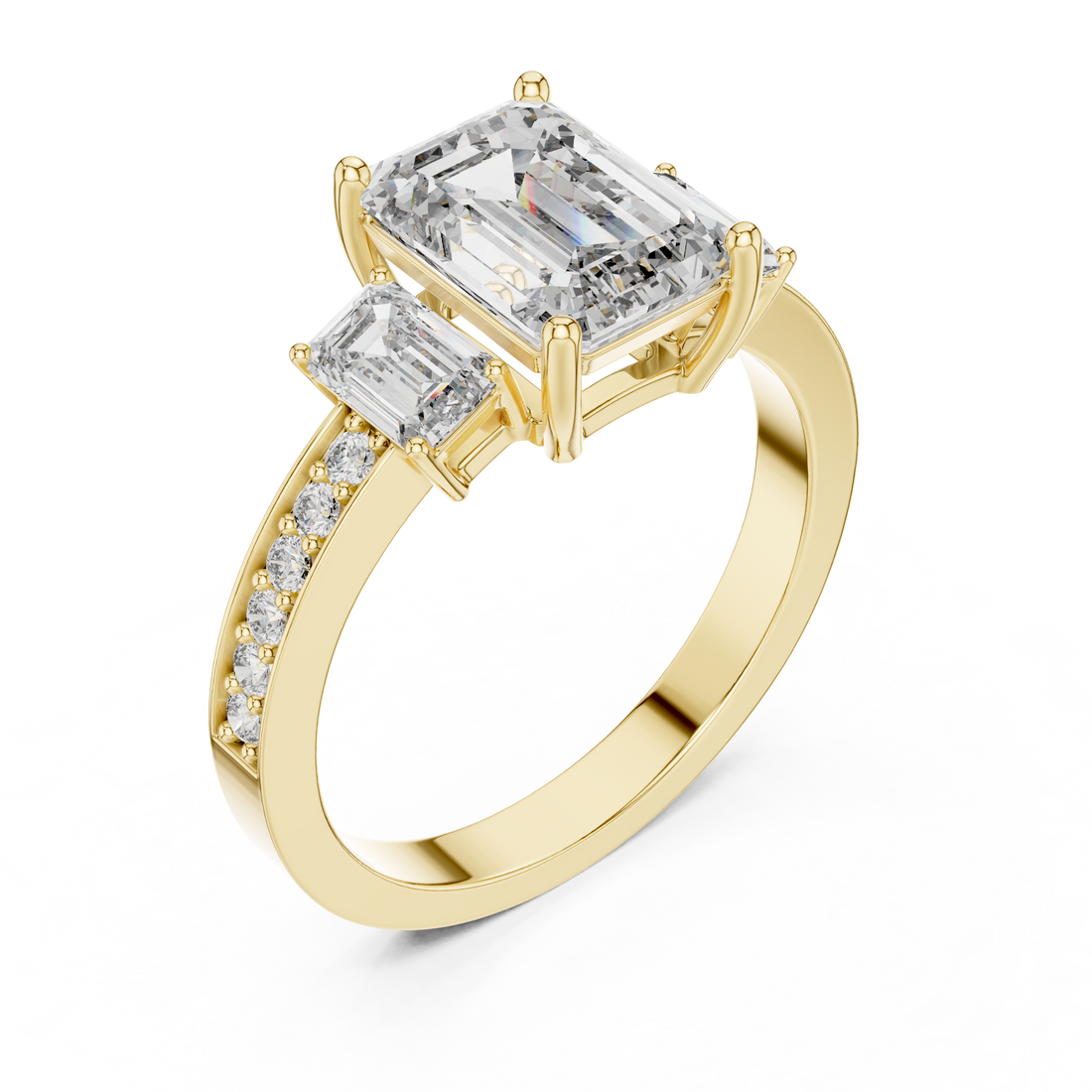 Emerald-Cut Three-Stone Ring with Pave Shank