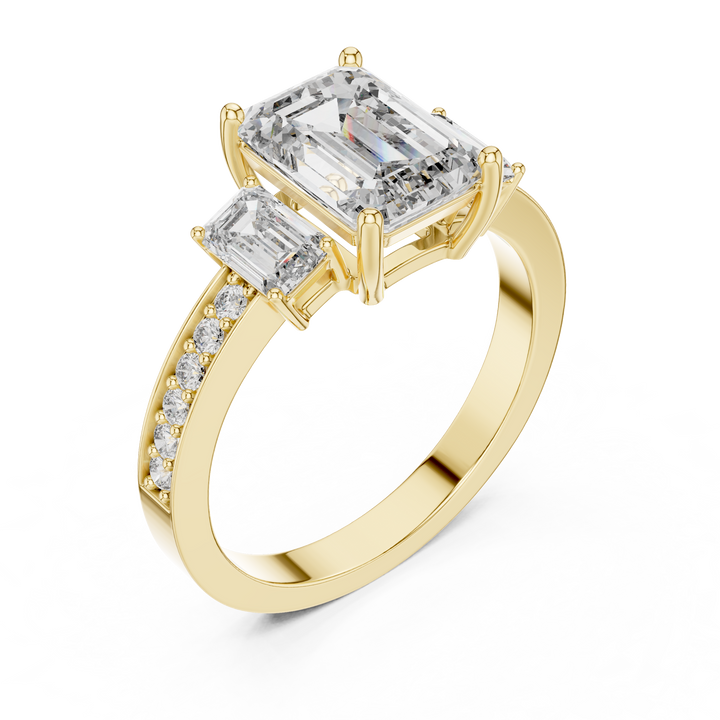 Emerald-Cut Three-Stone Ring with Pave Shank