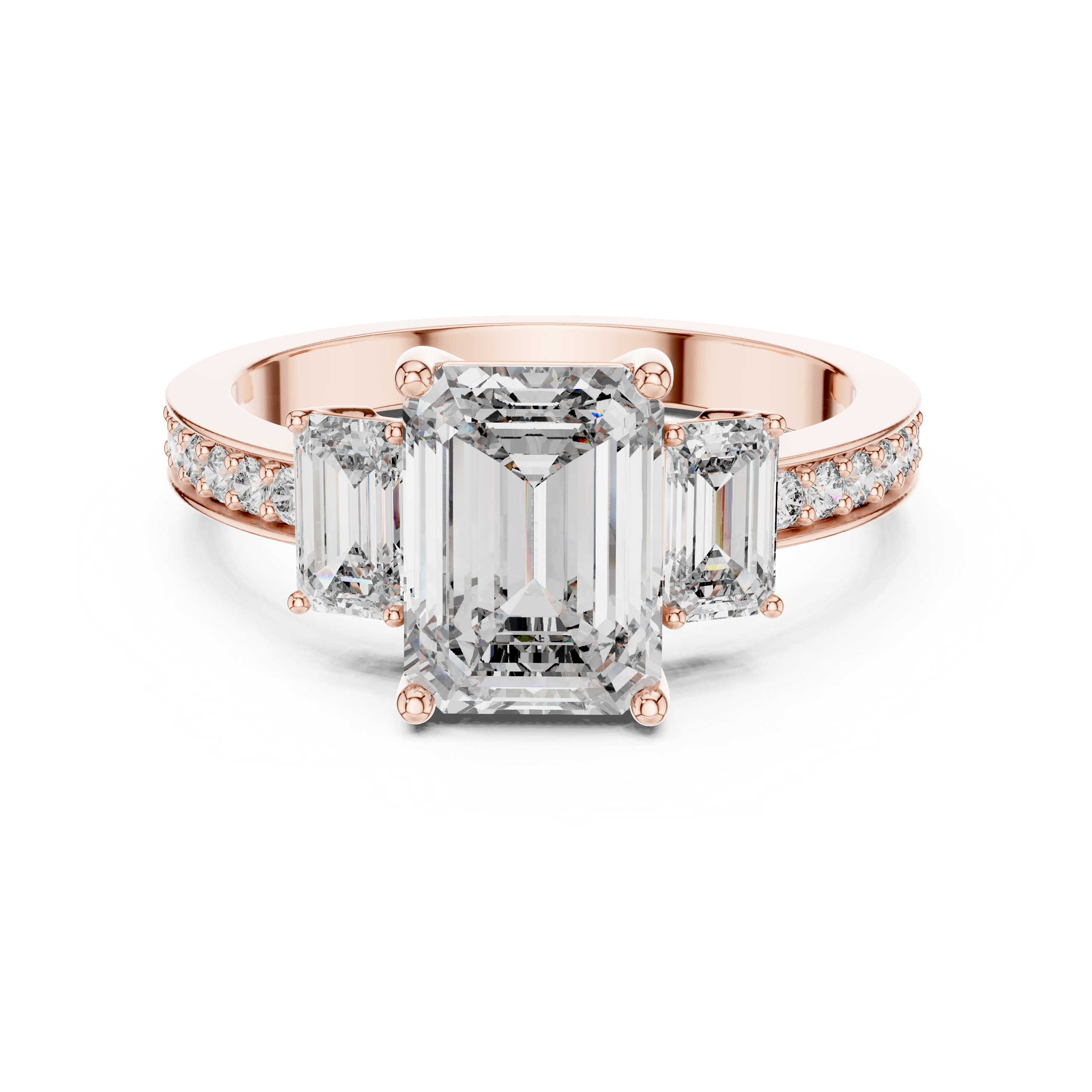 Emerald-Cut Three-Stone Ring with Pave Shank