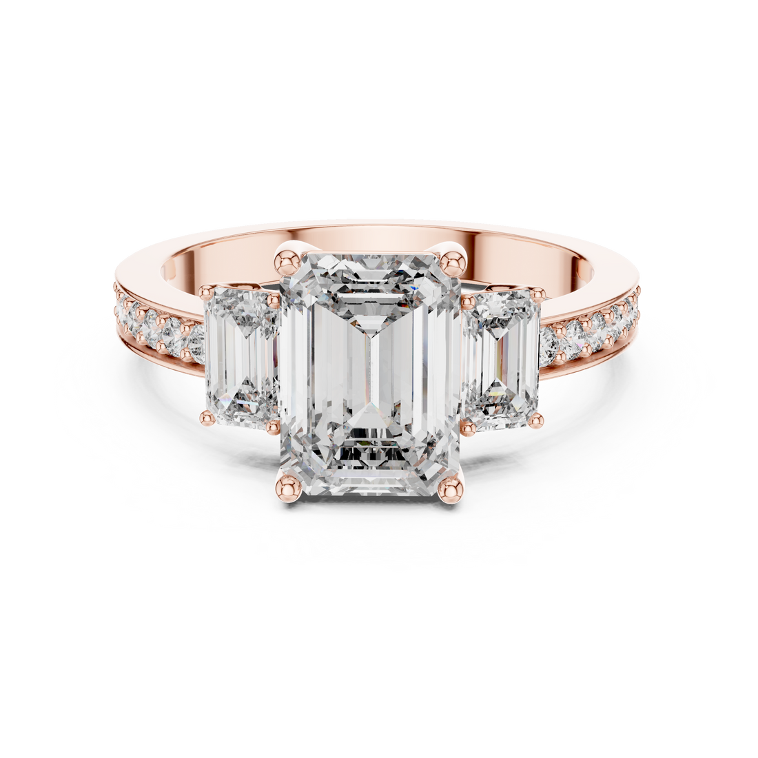 Emerald-Cut Three-Stone Ring with Pave Shank