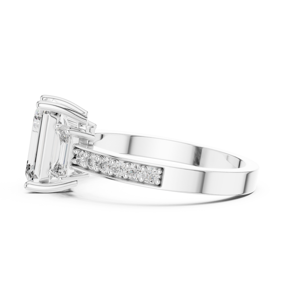 Emerald-Cut Three-Stone Ring with Pave Shank
