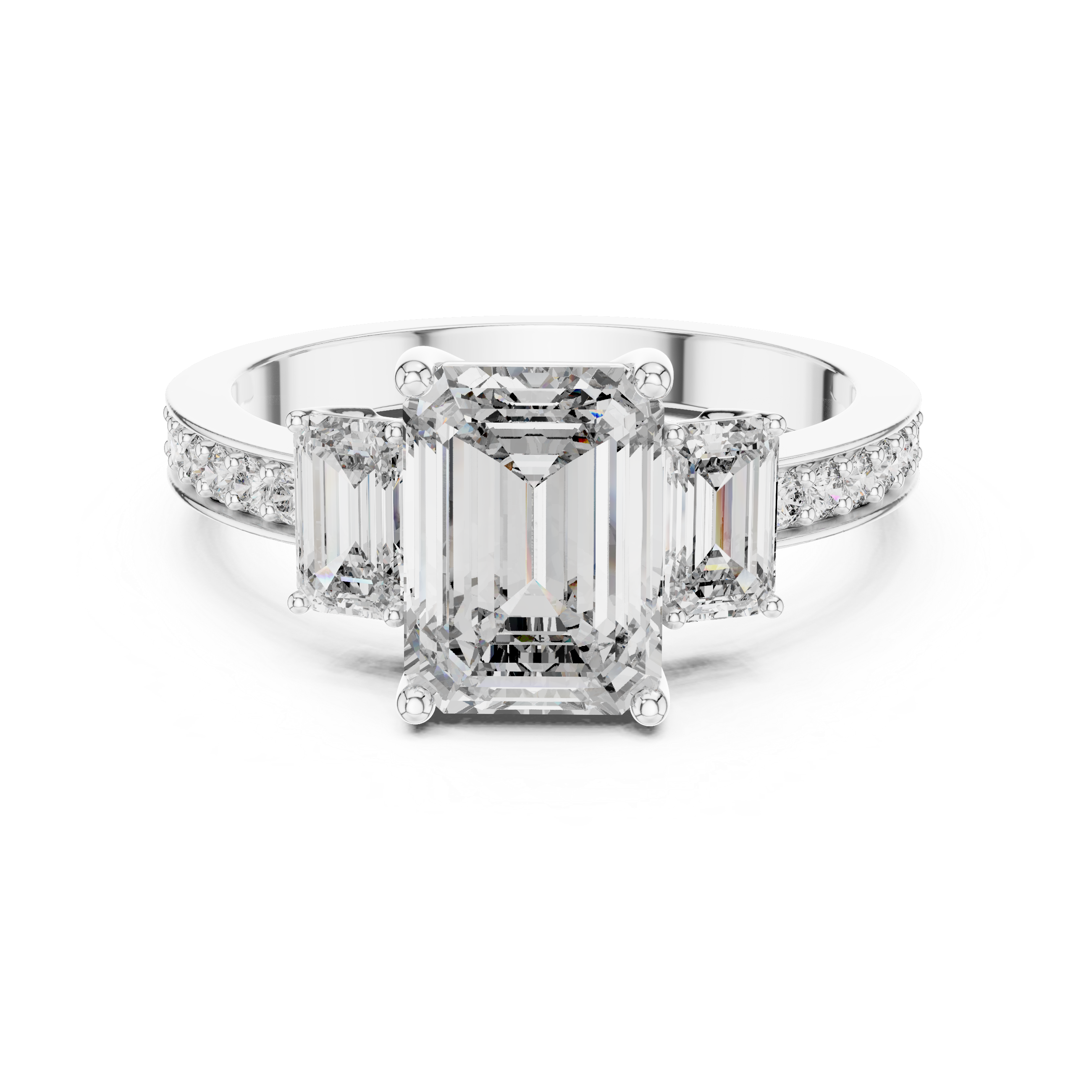 Emerald-Cut Three-Stone Ring with Pave Shank