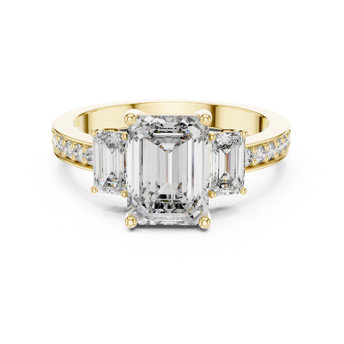 Emerald-Cut Three-Stone Ring with Pave Shank