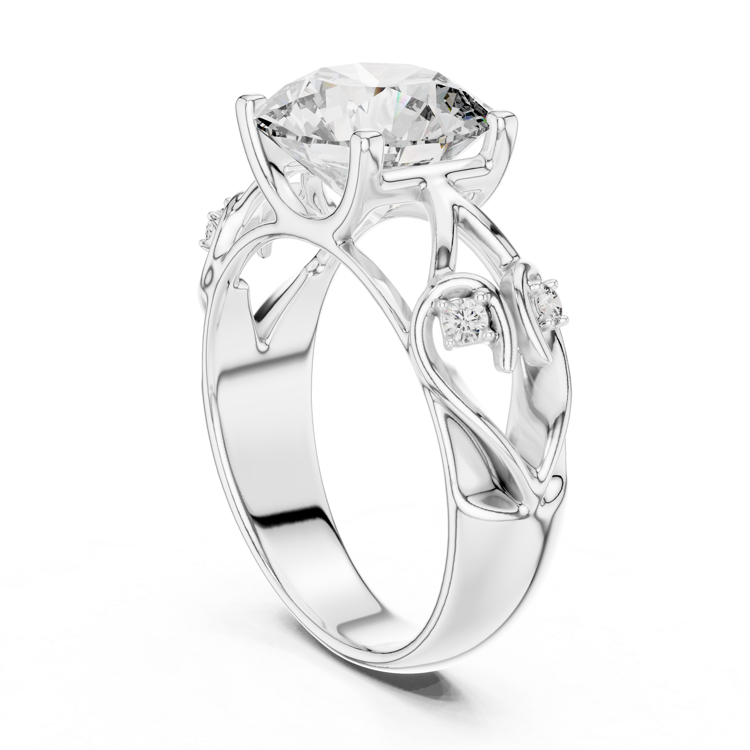 Round Solitaire Engagement Ring with Vine/Twist Accents