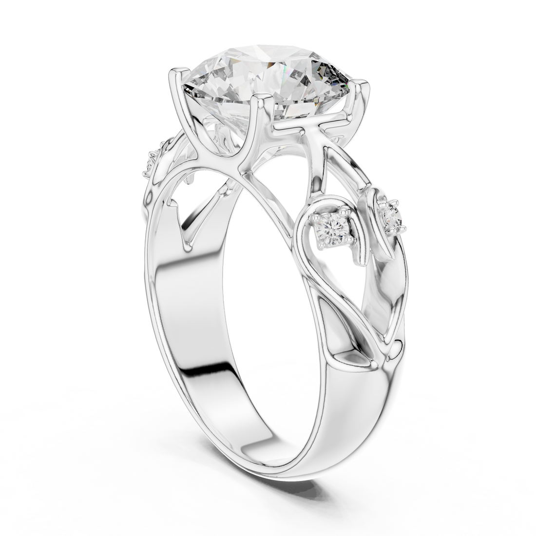 Round Solitaire Engagement Ring with Vine/Twist Accents
