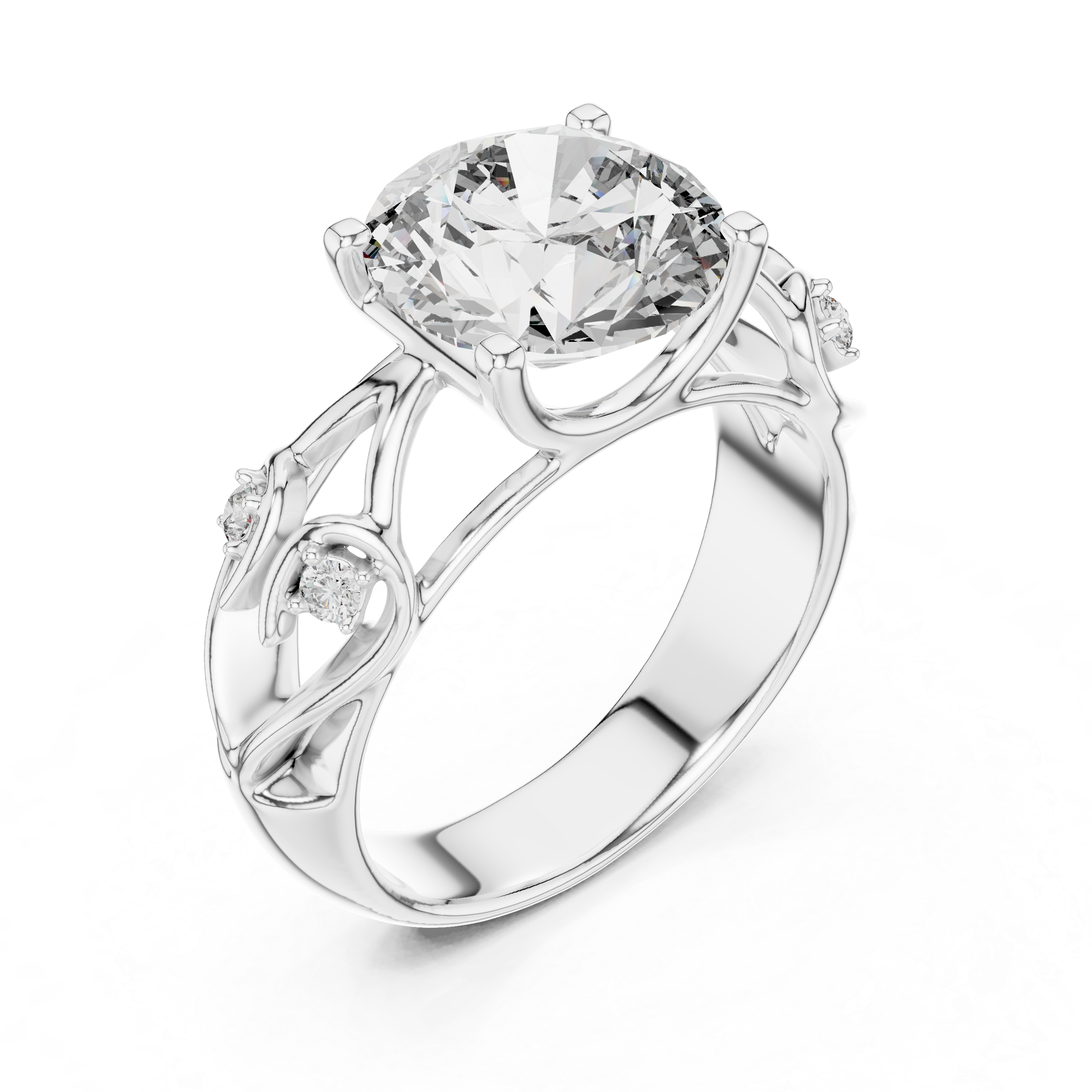 Round Solitaire Engagement Ring with Vine/Twist Accents