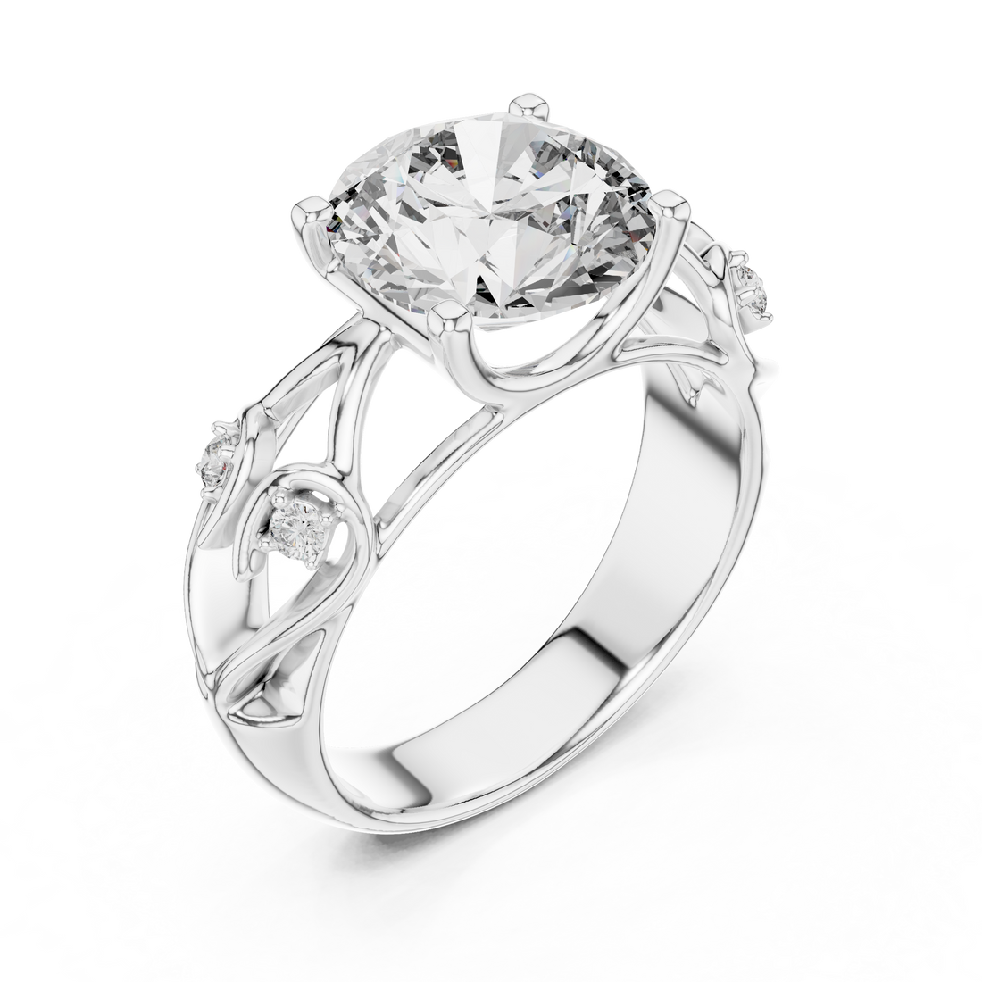 Round Solitaire Engagement Ring with Vine/Twist Accents