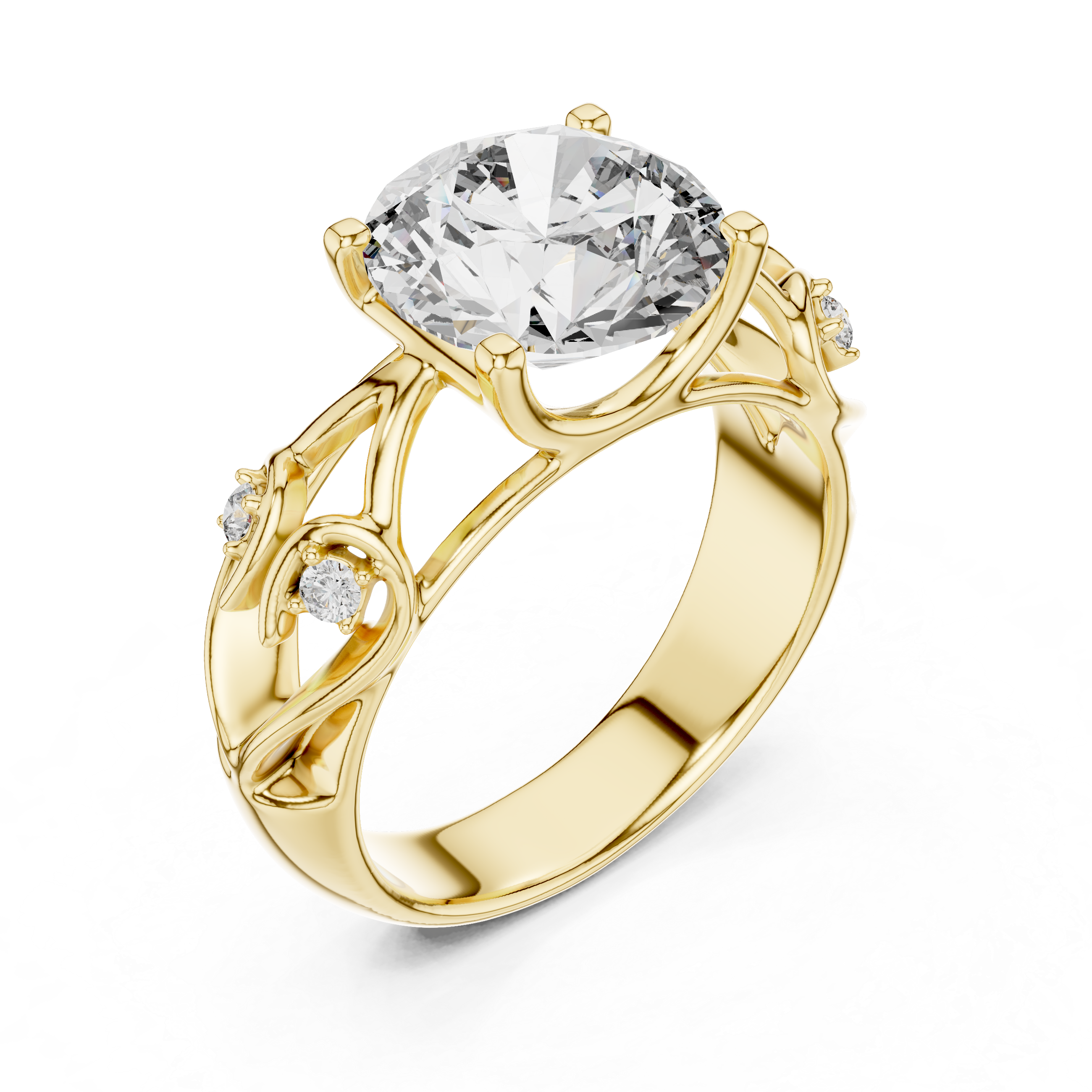 Round Solitaire Engagement Ring with Vine/Twist Accents
