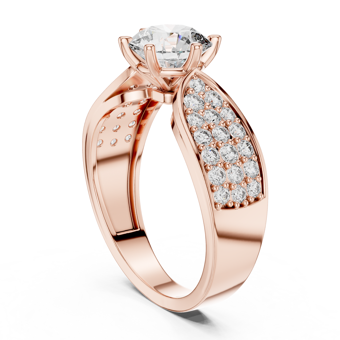 Round Solitaire Engagement Ring with Multi-Row Pave Wide Shank