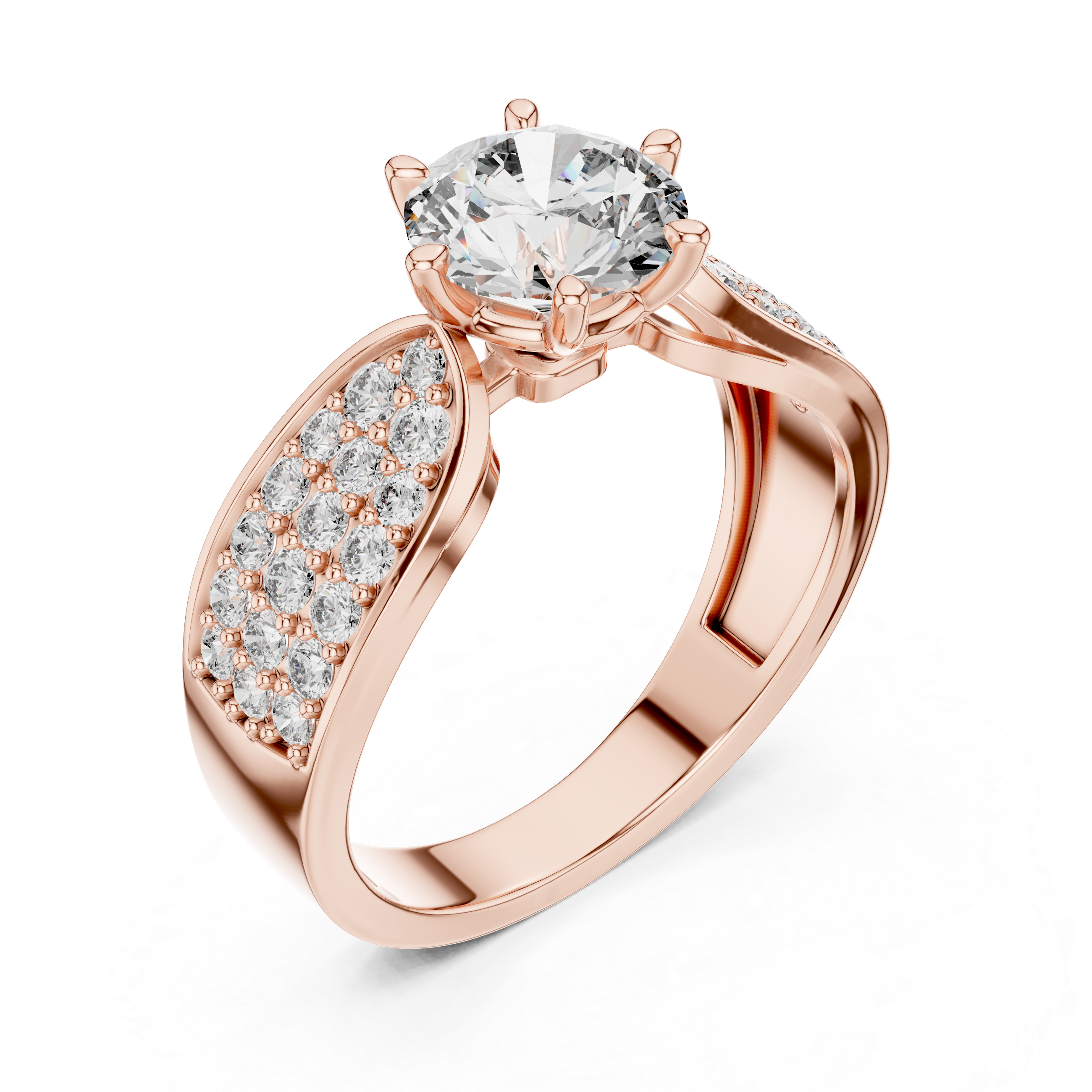 Round Solitaire Engagement Ring with Multi-Row Pave Wide Shank