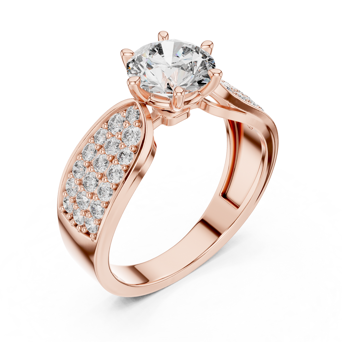 Round Solitaire Engagement Ring with Multi-Row Pave Wide Shank