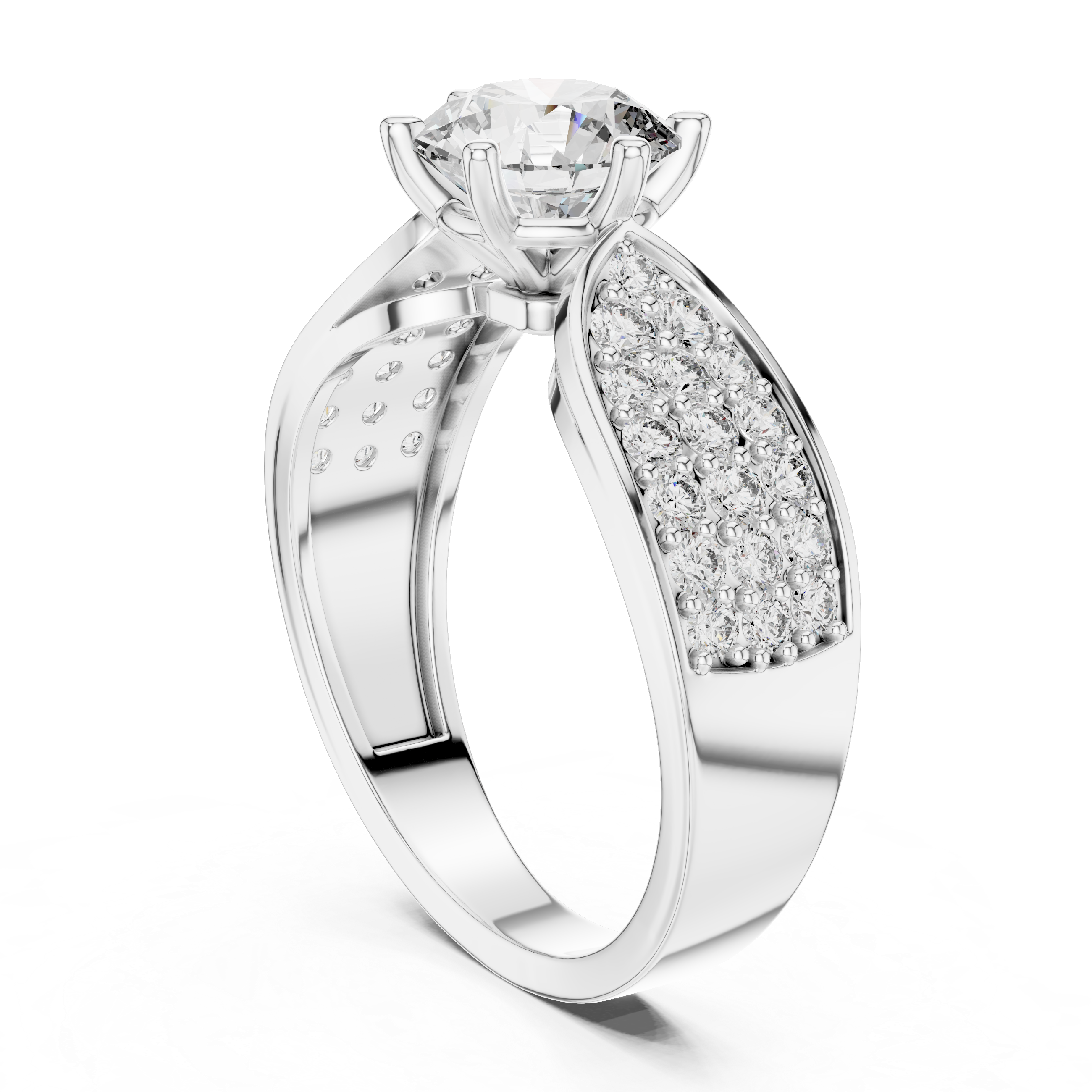Round Solitaire Engagement Ring with Multi-Row Pave Wide Shank