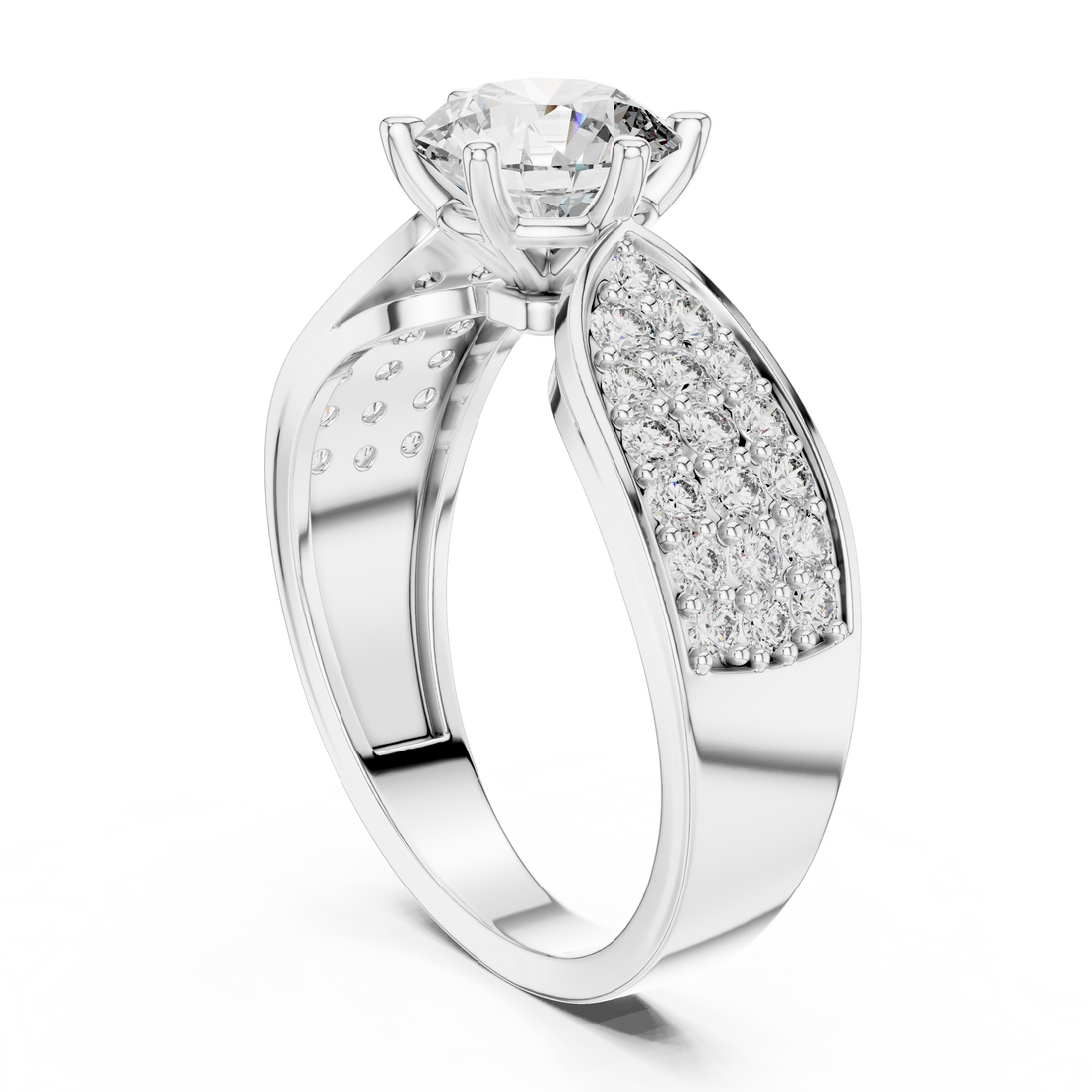 Round Solitaire Engagement Ring with Multi-Row Pave Wide Shank