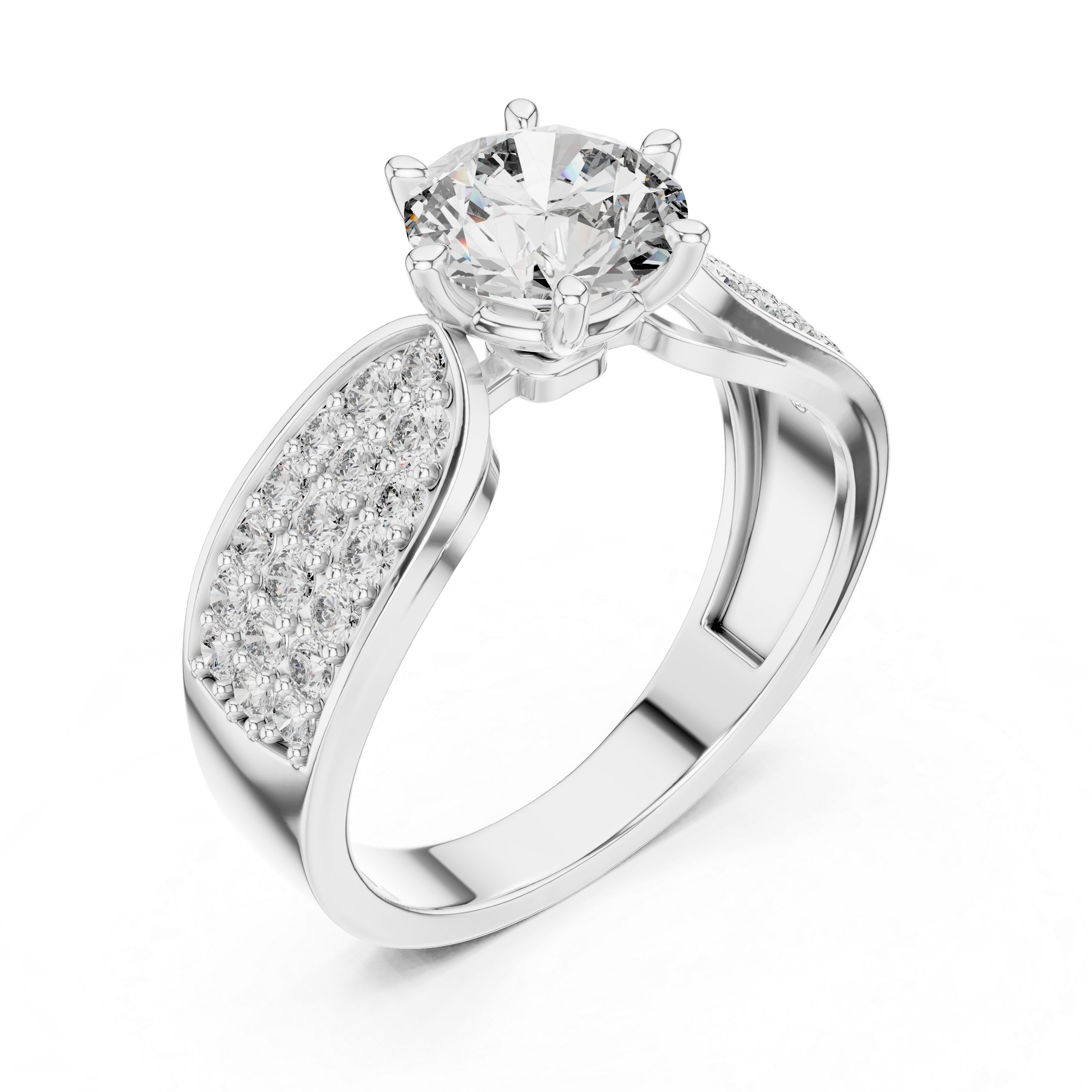 Round Solitaire Engagement Ring with Multi-Row Pave Wide Shank
