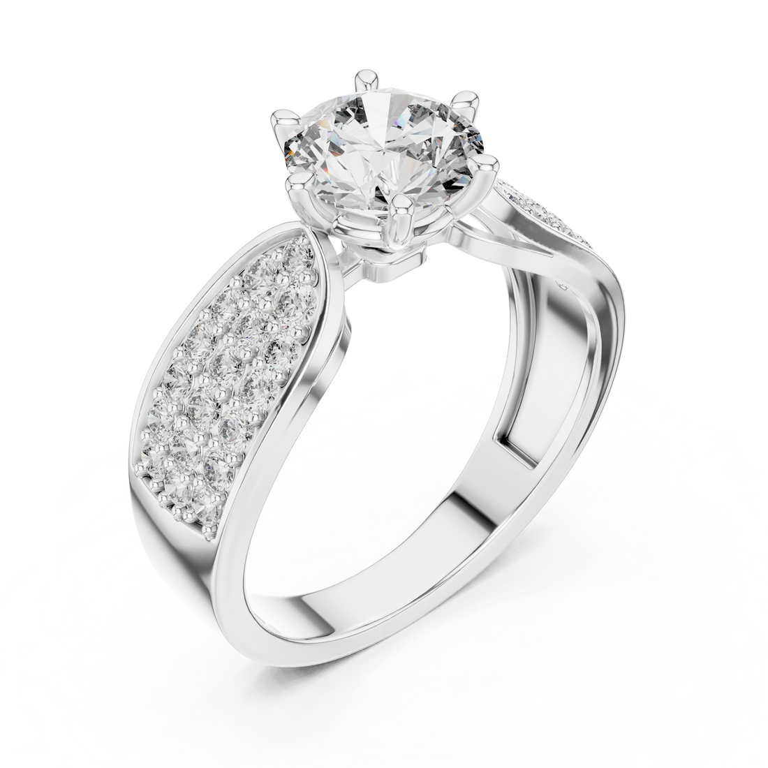 Round Solitaire Engagement Ring with Multi-Row Pave Wide Shank