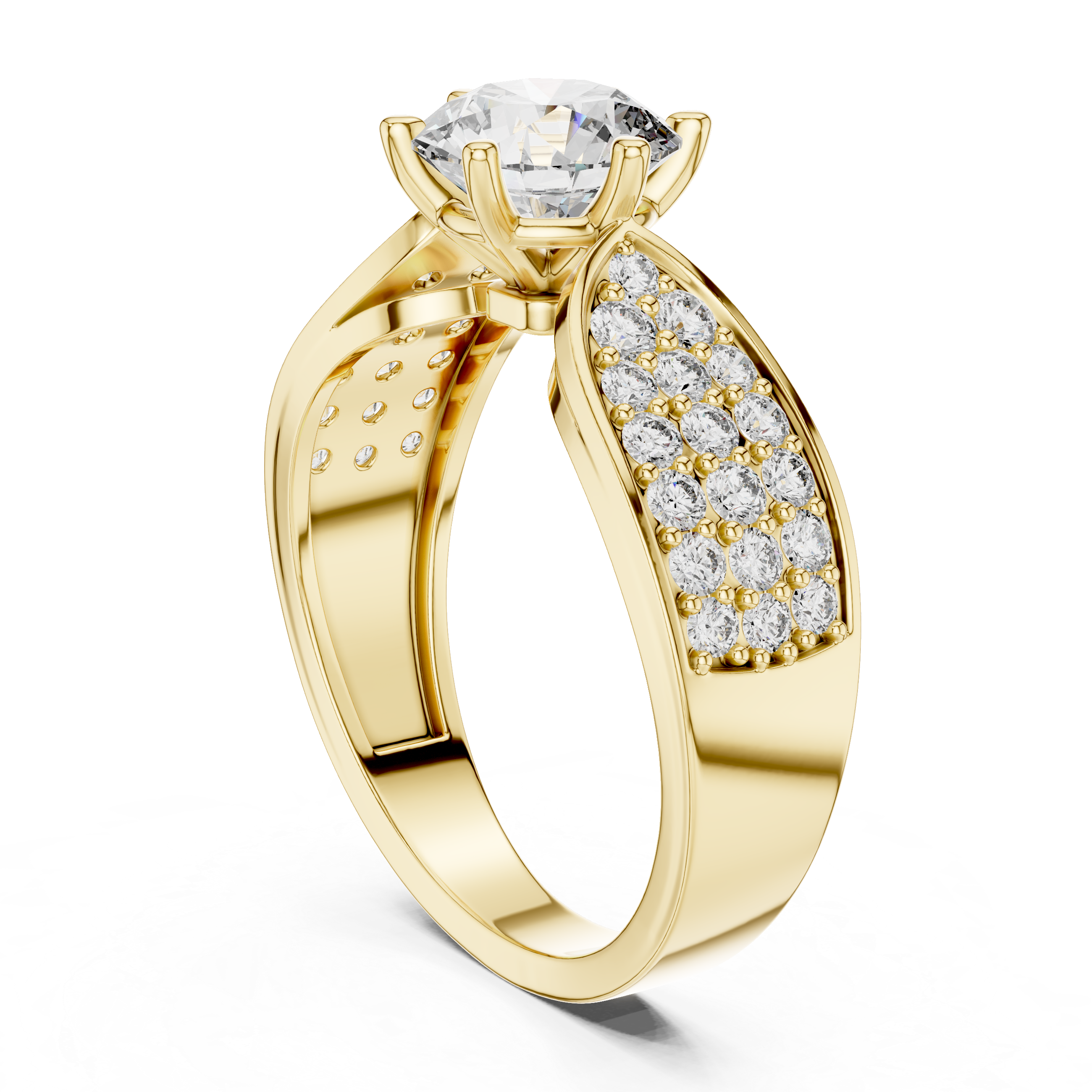 Round Solitaire Engagement Ring with Multi-Row Pave Wide Shank