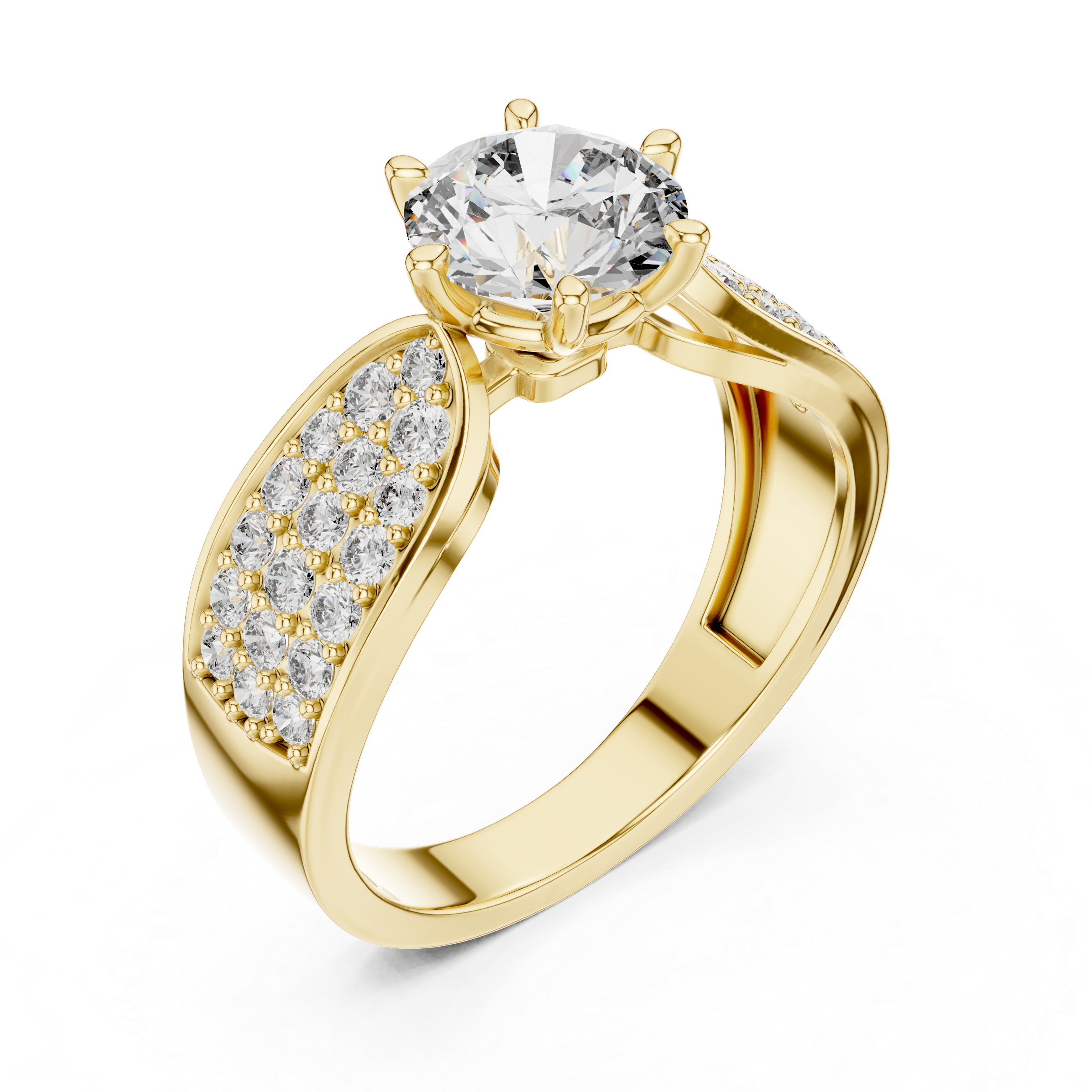 Round Solitaire Engagement Ring with Multi-Row Pave Wide Shank