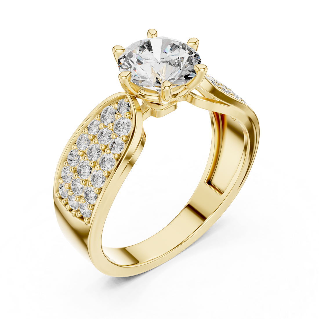 Round Solitaire Engagement Ring with Multi-Row Pave Wide Shank