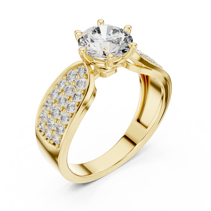 Round Solitaire Engagement Ring with Multi-Row Pave Wide Shank