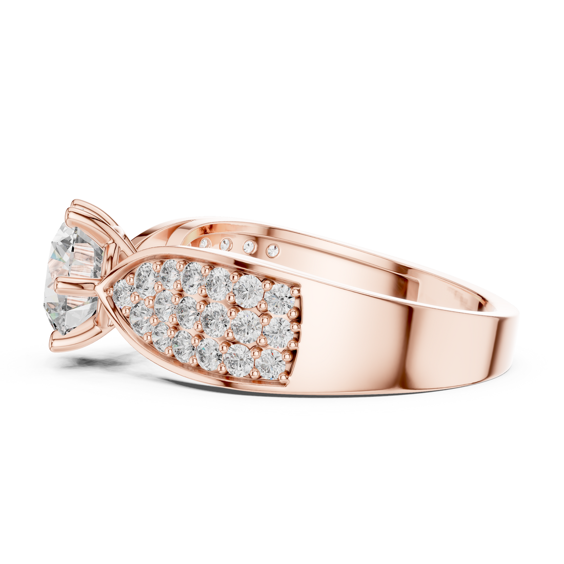 Round Solitaire Engagement Ring with Multi-Row Pave Wide Shank