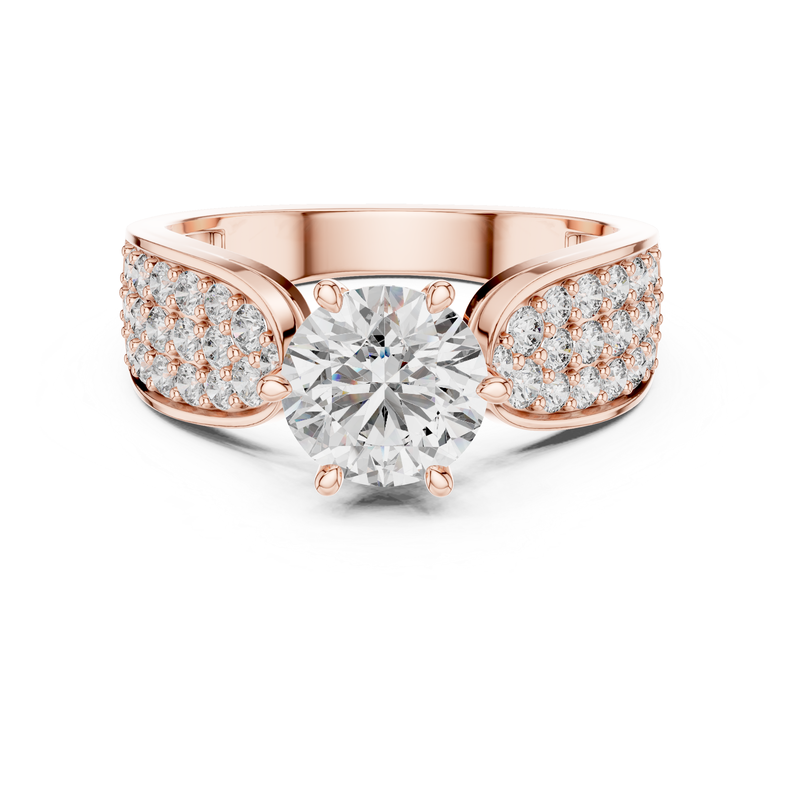 Round Solitaire Engagement Ring with Multi-Row Pave Wide Shank