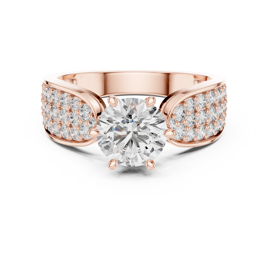 Round Solitaire Engagement Ring with Multi-Row Pave Wide Shank
