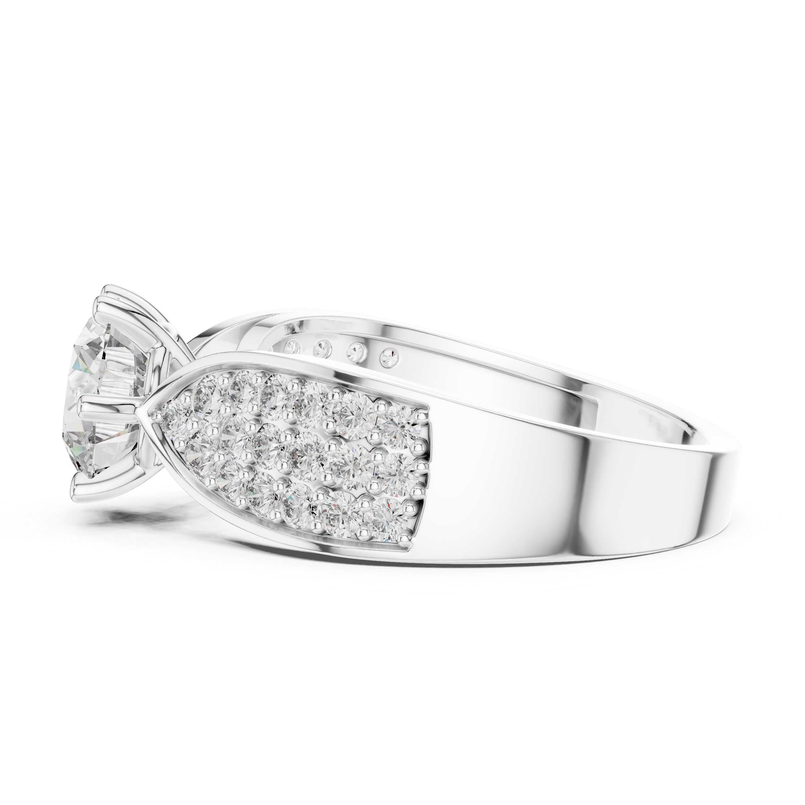 Round Solitaire Engagement Ring with Multi-Row Pave Wide Shank