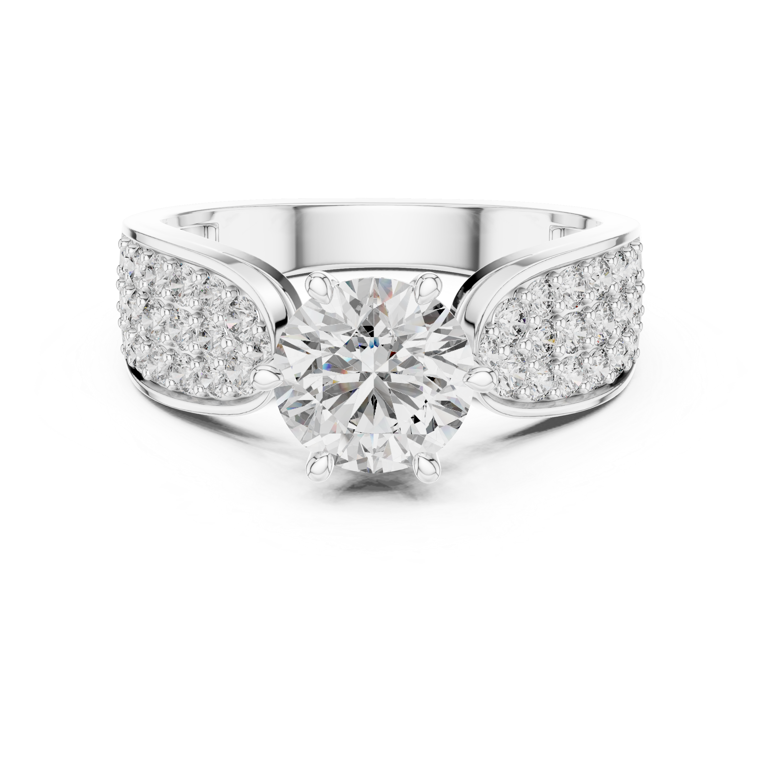 Round Solitaire Engagement Ring with Multi-Row Pave Wide Shank