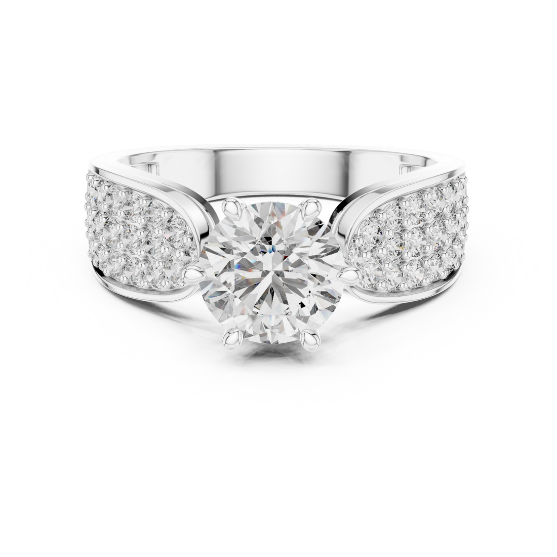 Round Solitaire Engagement Ring with Multi-Row Pave Wide Shank