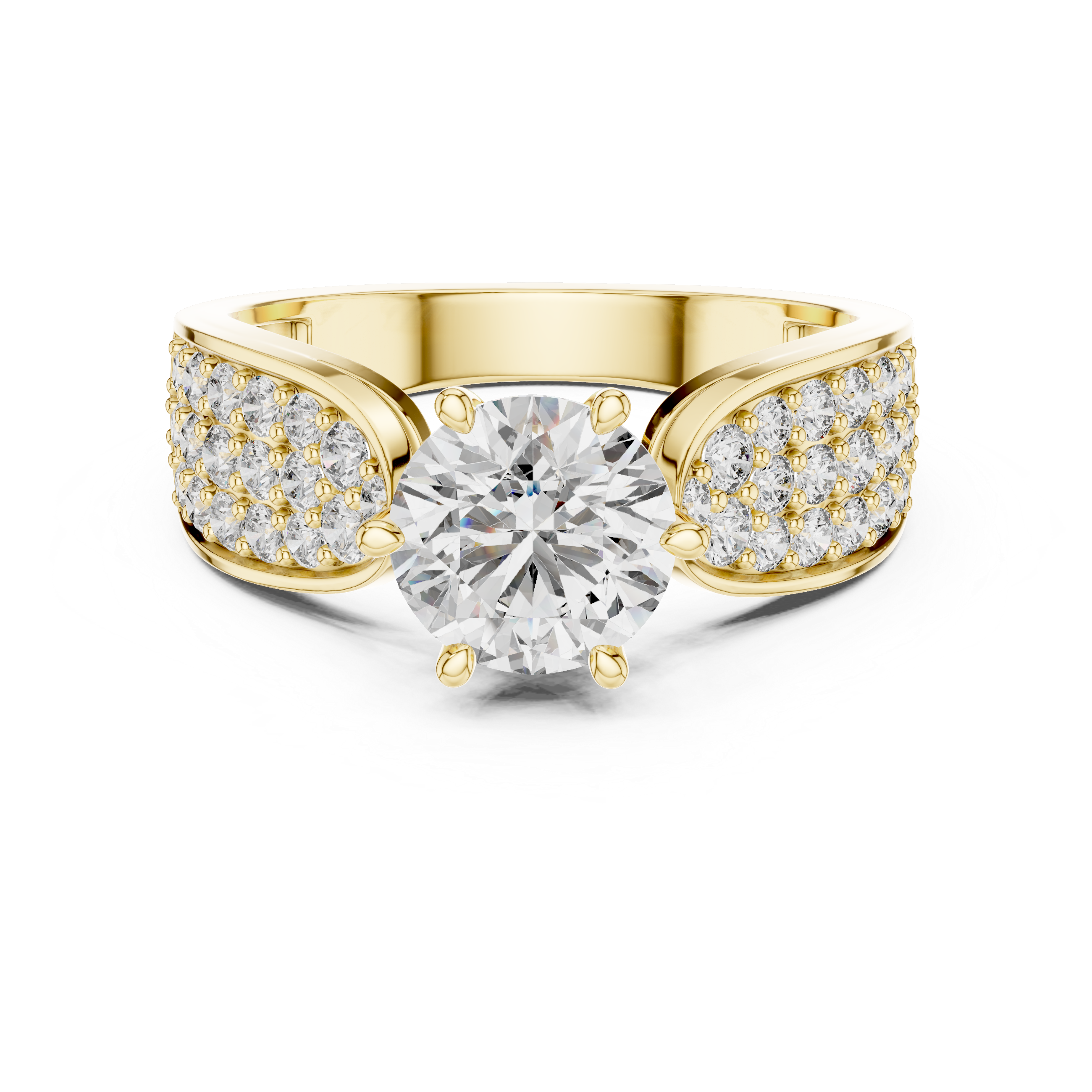 Round Solitaire Engagement Ring with Multi-Row Pave Wide Shank