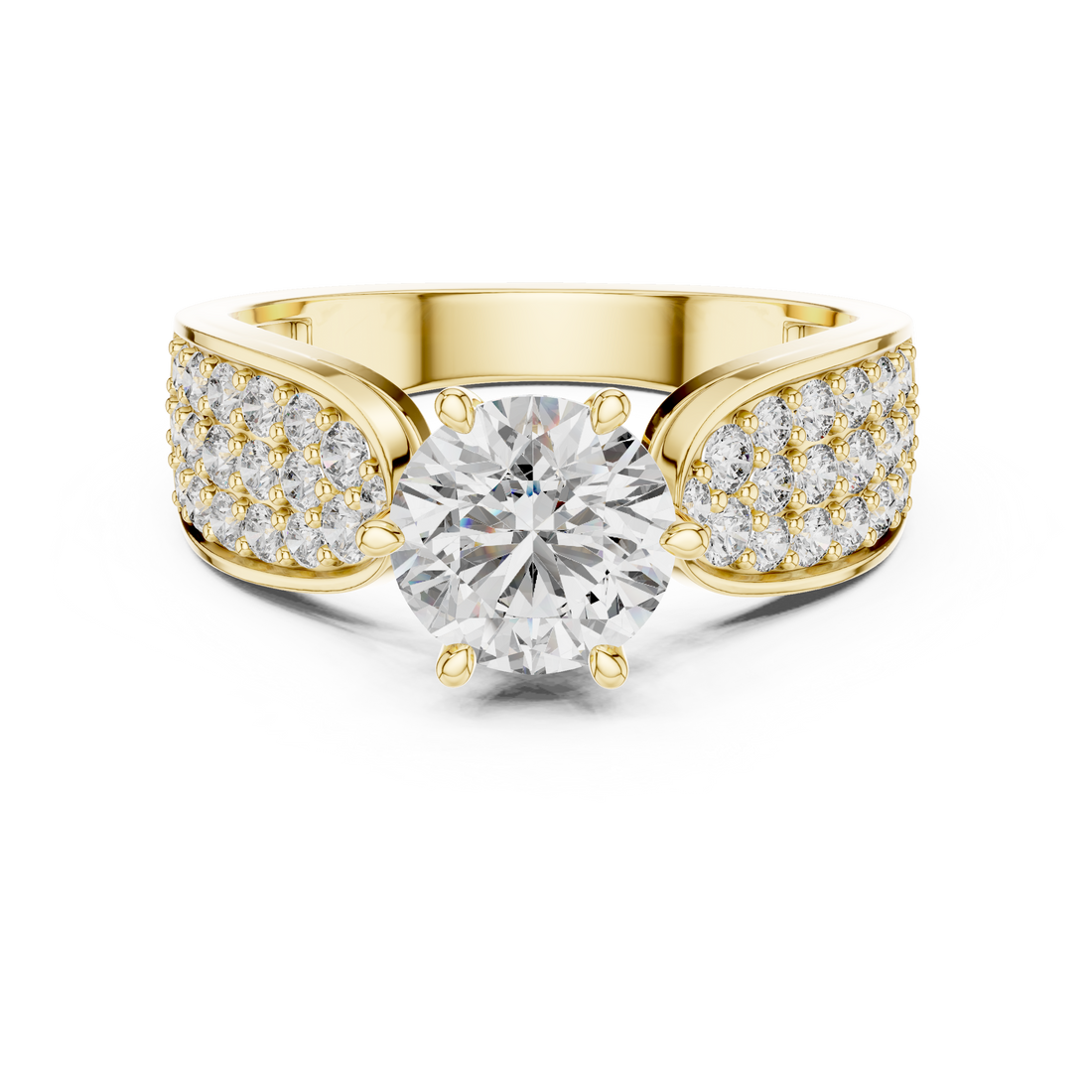 Round Solitaire Engagement Ring with Multi-Row Pave Wide Shank