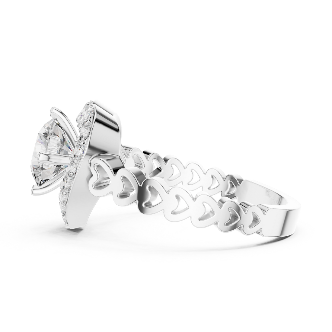 Heart-Shaped Halo Ring with Patterned Band