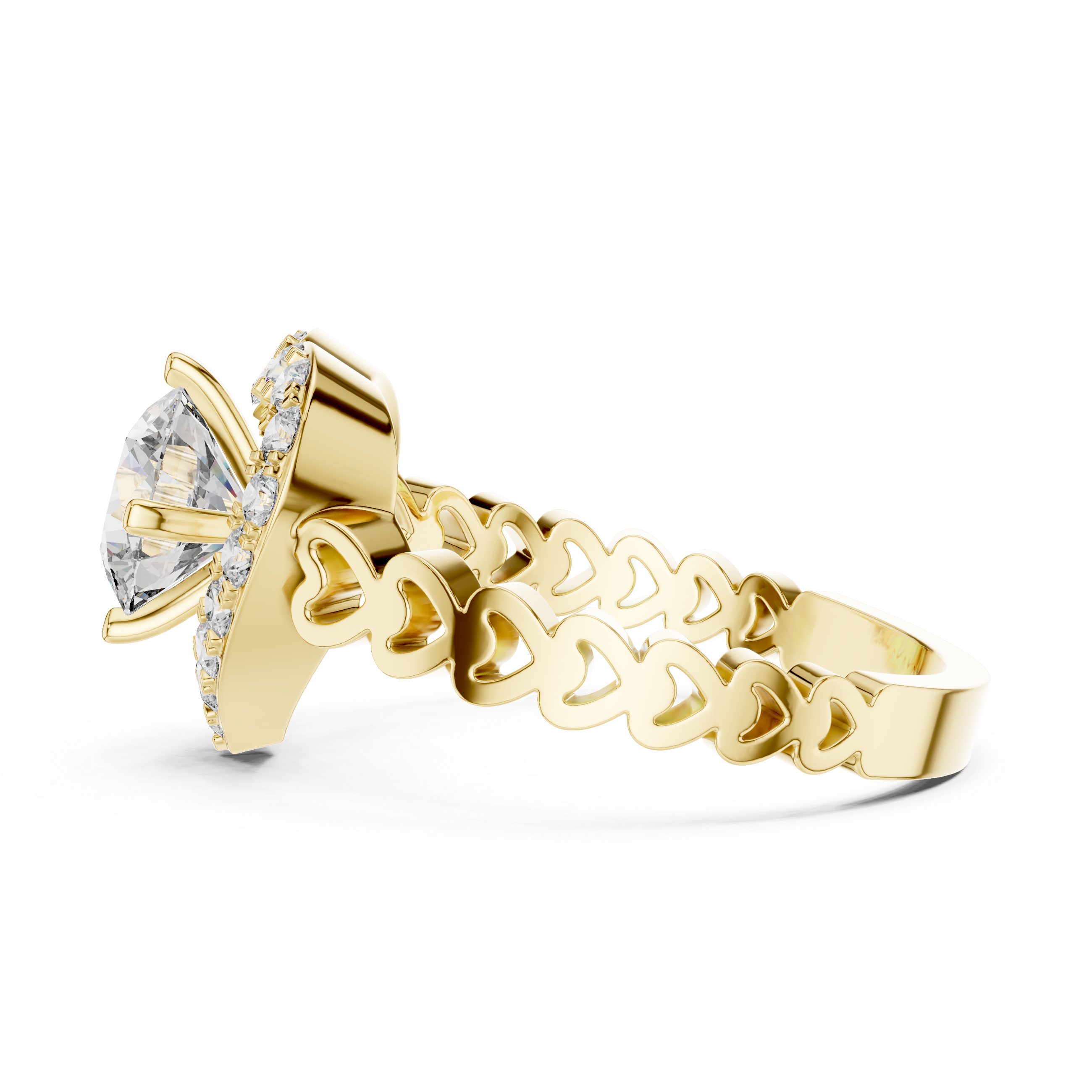 Heart-Shaped Halo Ring with Patterned Band
