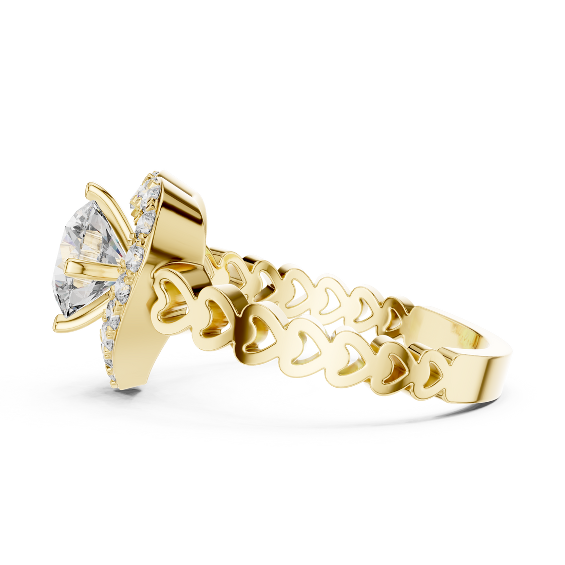Heart-Shaped Halo Ring with Patterned Band