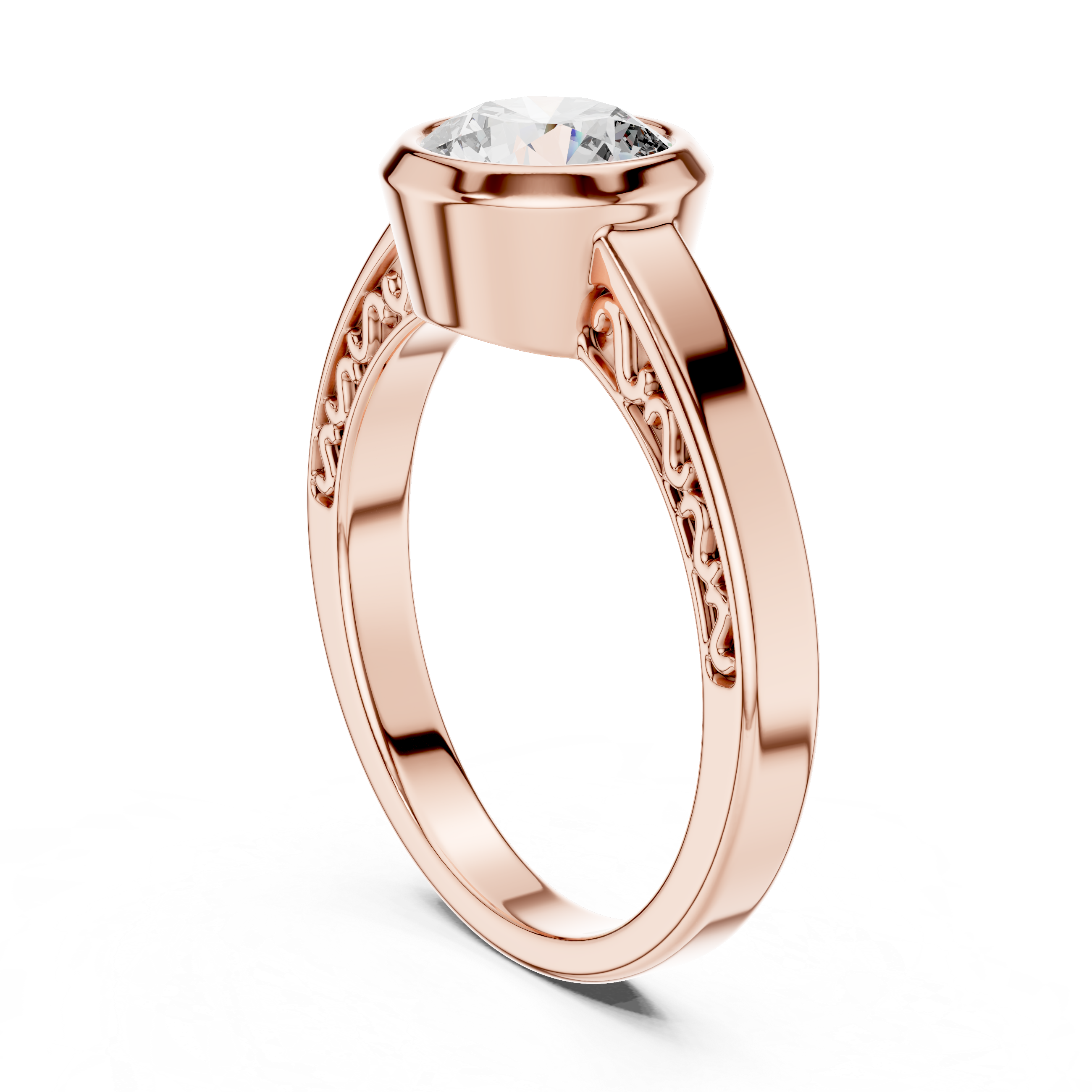 Round Bezel-Set Solitaire Ring with Filigree Shank