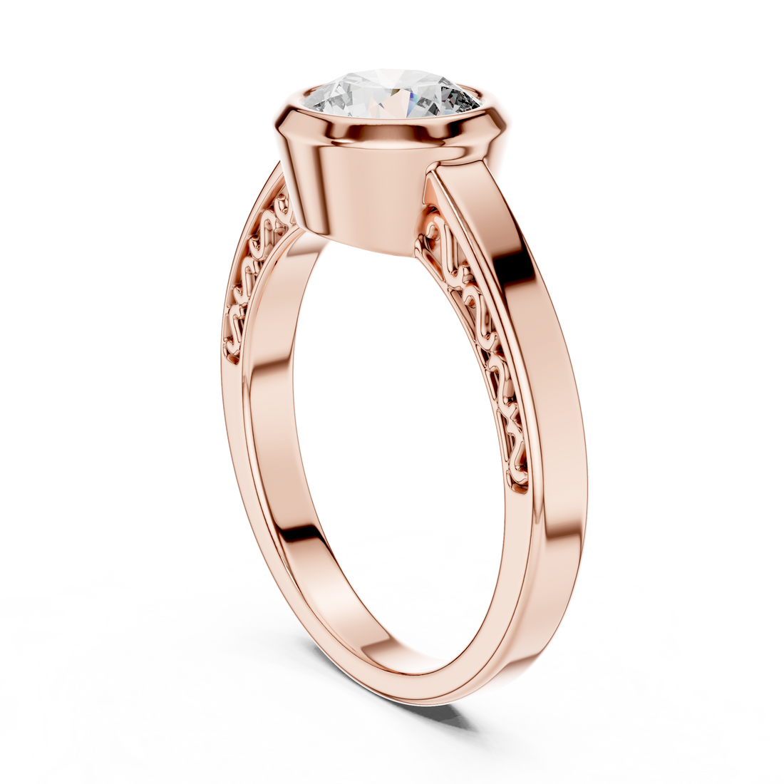 Round Bezel-Set Solitaire Ring with Filigree Shank
