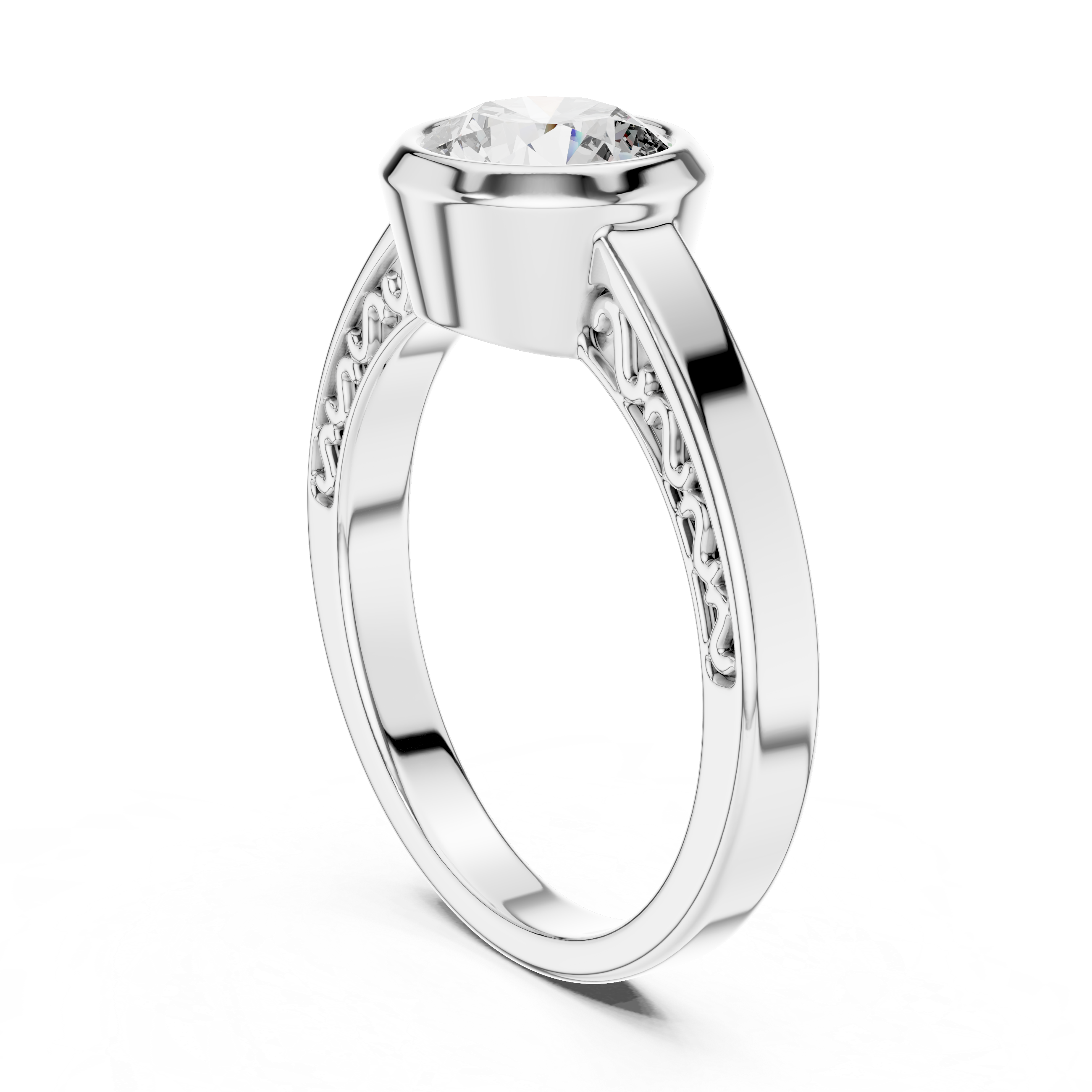 Round Bezel-Set Solitaire Ring with Filigree Shank